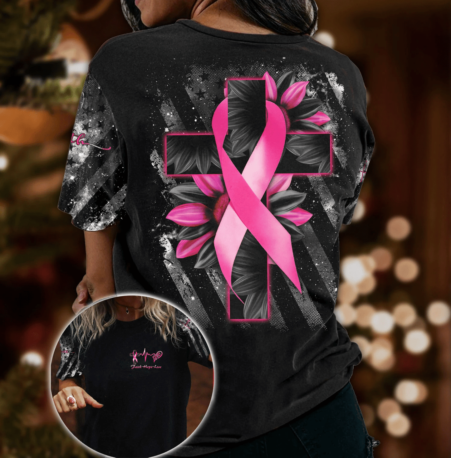 Faith Cross Sunflower Breast Cancer - Breast Cancer Awareness All Over T-shirt and Hoodie 0822