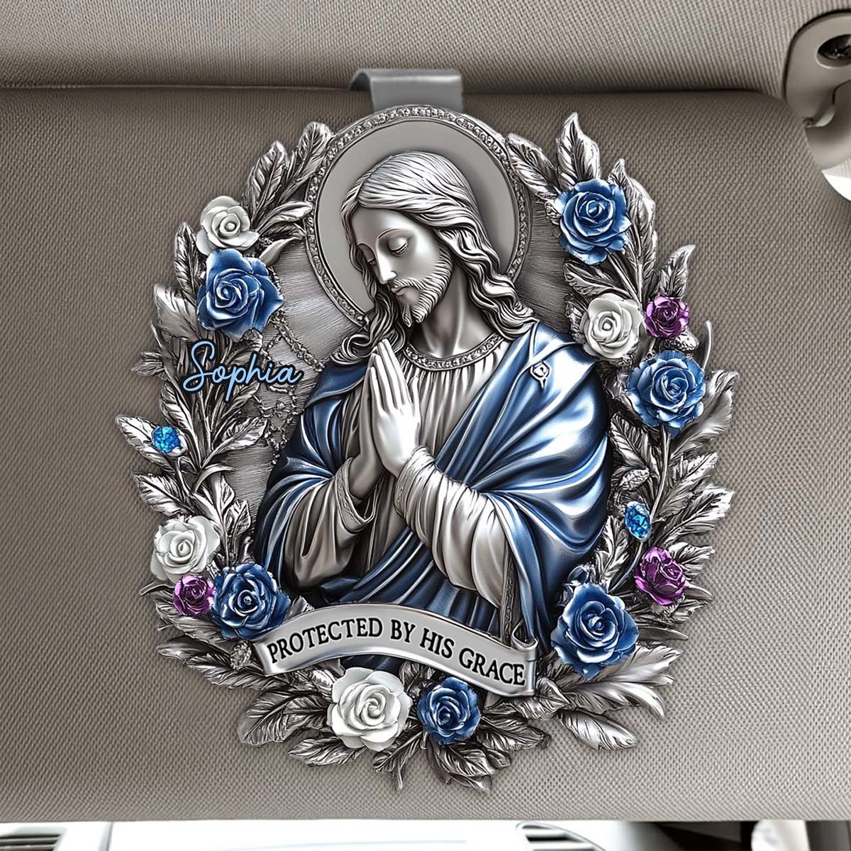 Protégé par sa grâce - Clip de pare-soleil de voiture personnalisé à motif chrétien