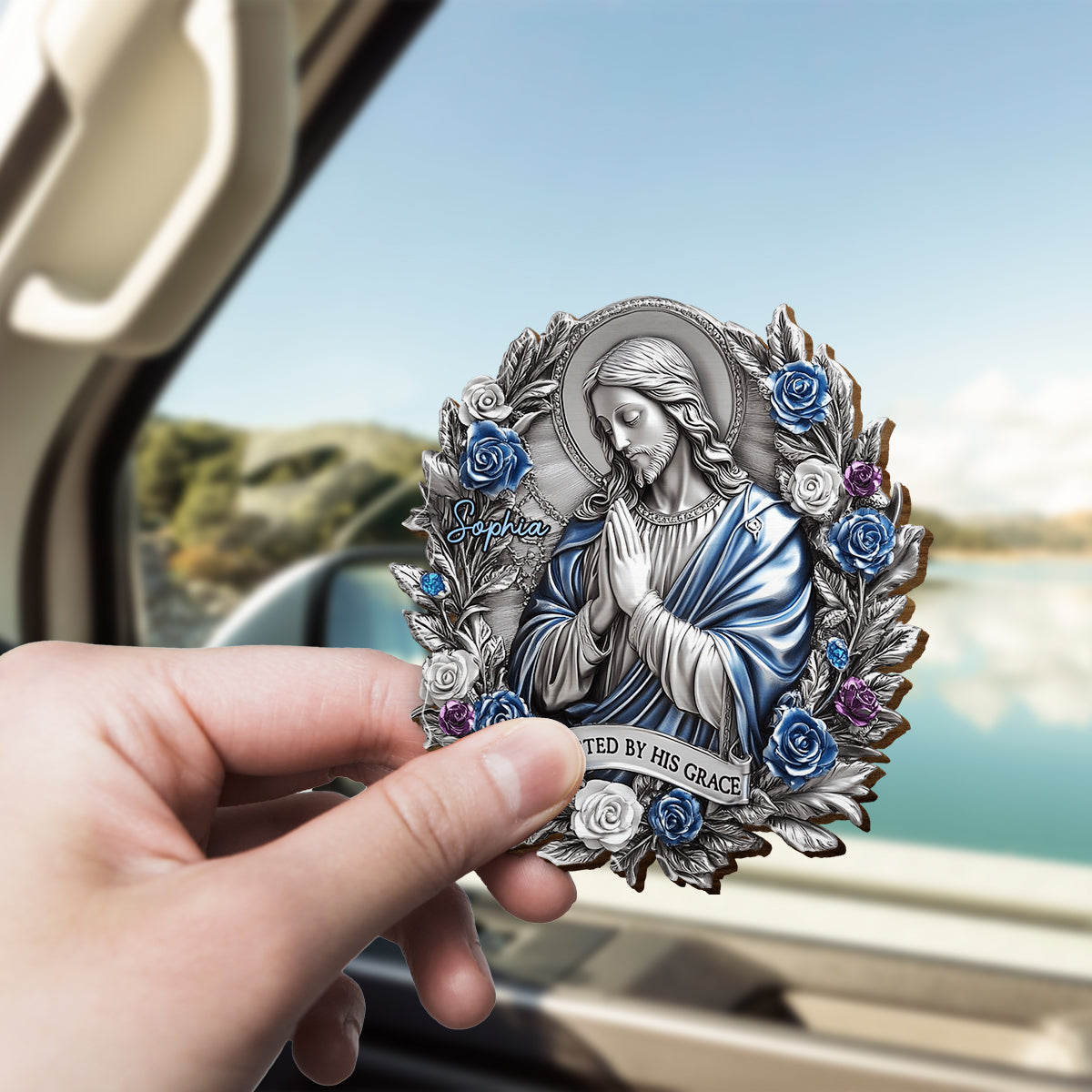 Protégé par sa grâce - Clip de pare-soleil de voiture personnalisé à motif chrétien