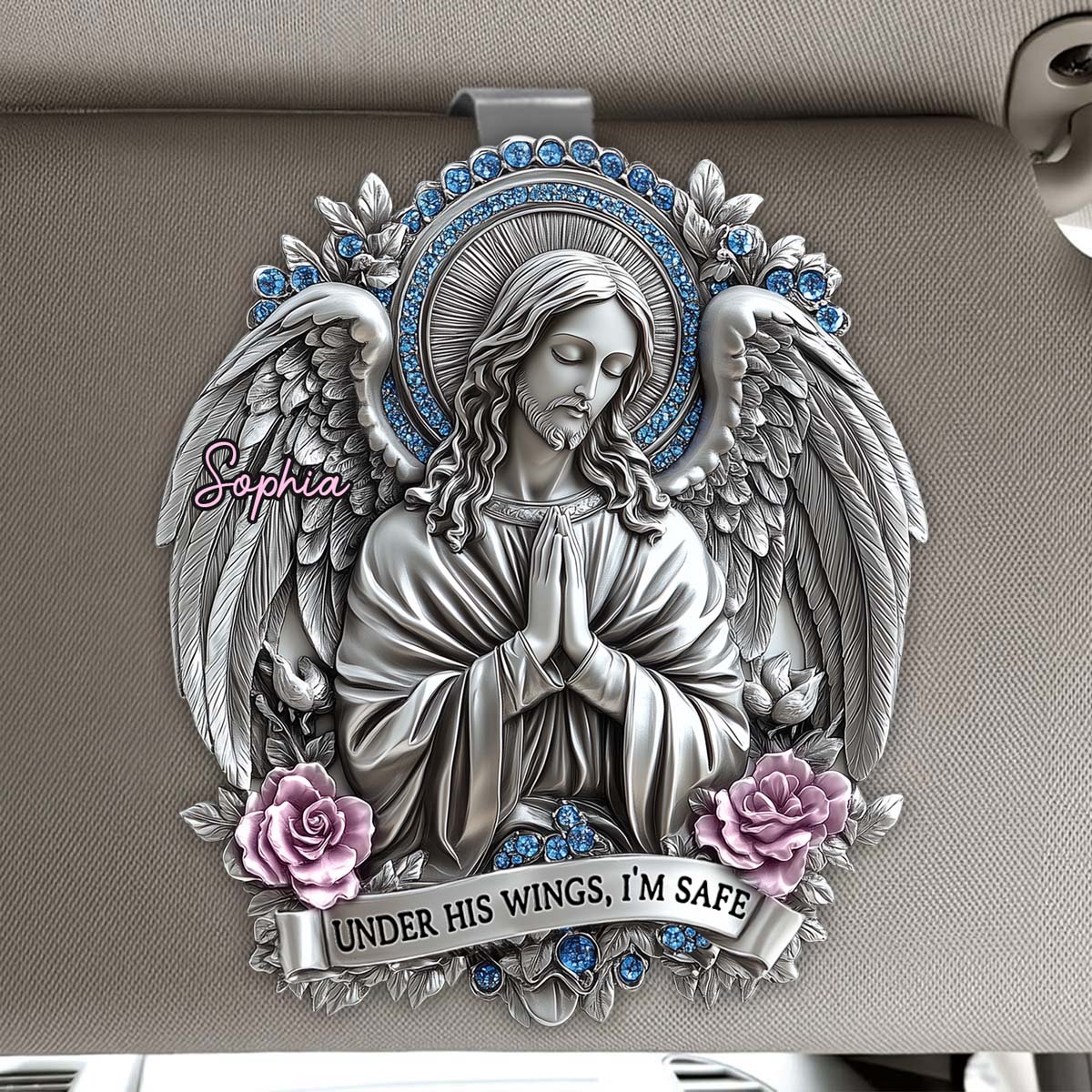 Under His Wings, I'm Safe - Personalized Christian Shaped Car Visor Clip