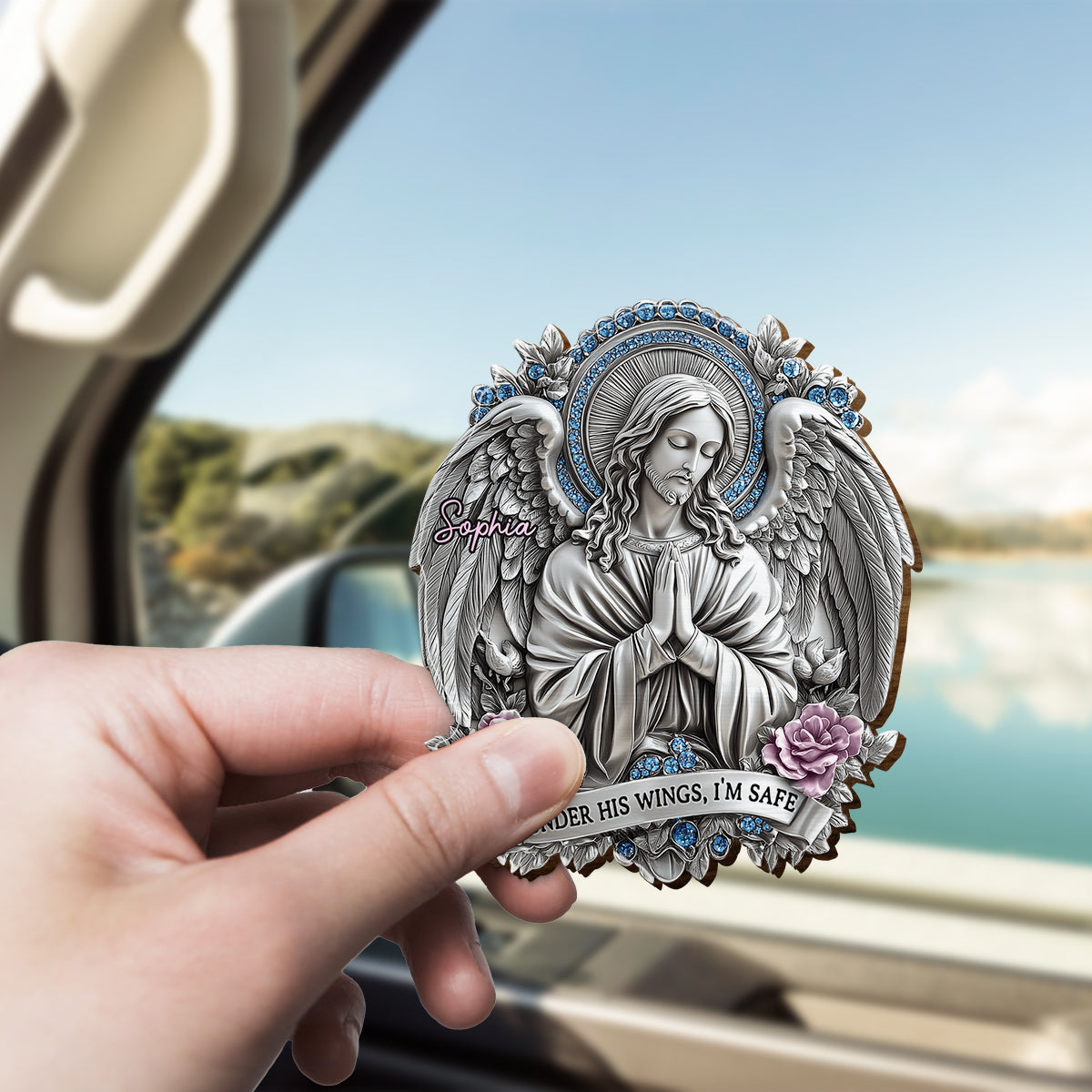 Under His Wings, I'm Safe - Personalized Christian Shaped Car Visor Clip