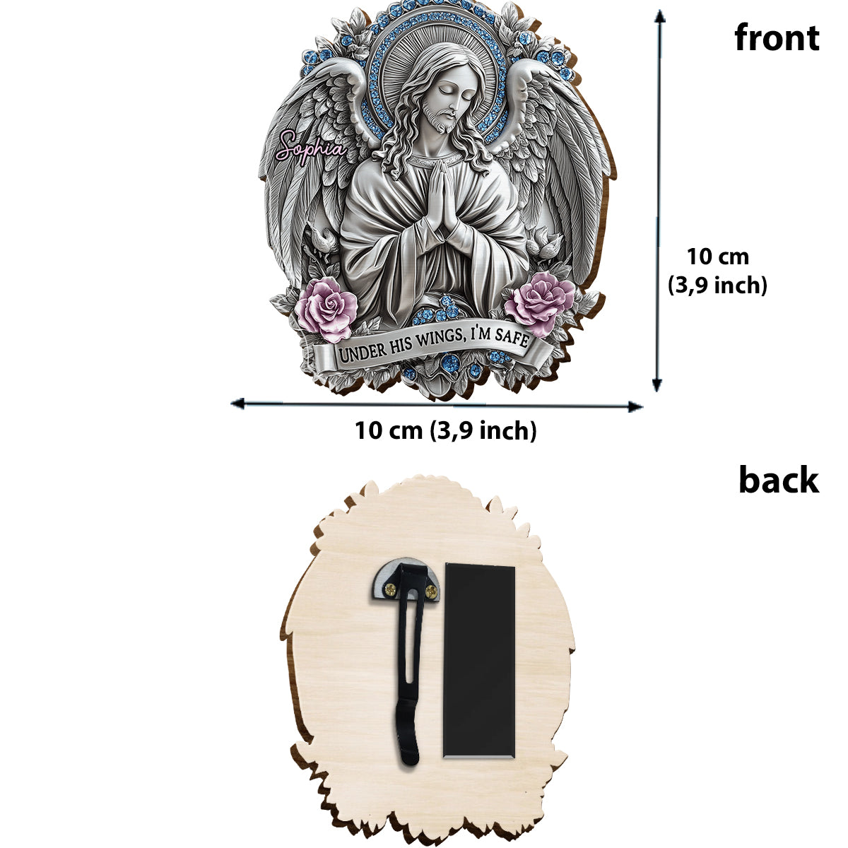 Under His Wings, I'm Safe - Personalized Christian Shaped Car Visor Clip