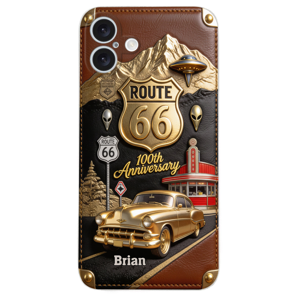 Étui de téléphone en cuir personnalisé pour les passionnés de voitures, à l'occasion du 100e anniversaire de la Route 66