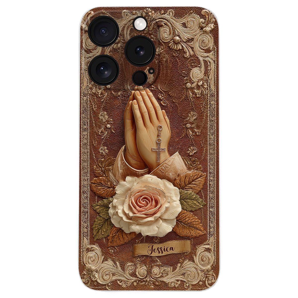 Étui de téléphone chrétien personnalisé en cuir avec mains jointes et roses