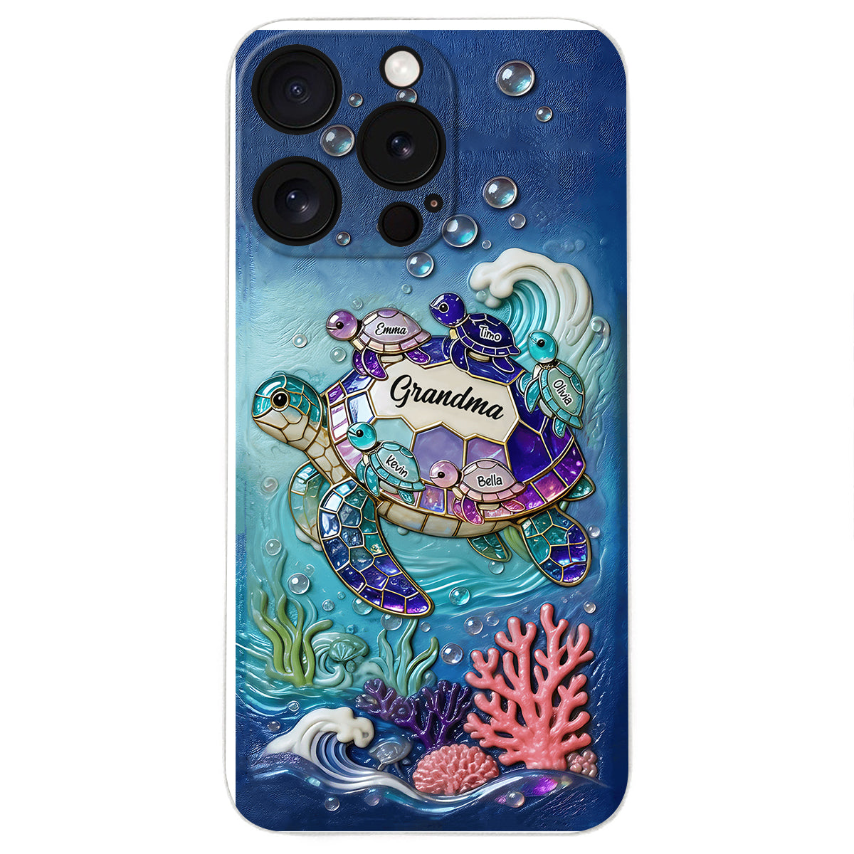 Grandma Turtle - Personalized Turtle 3D Embossed Leather Phone Case