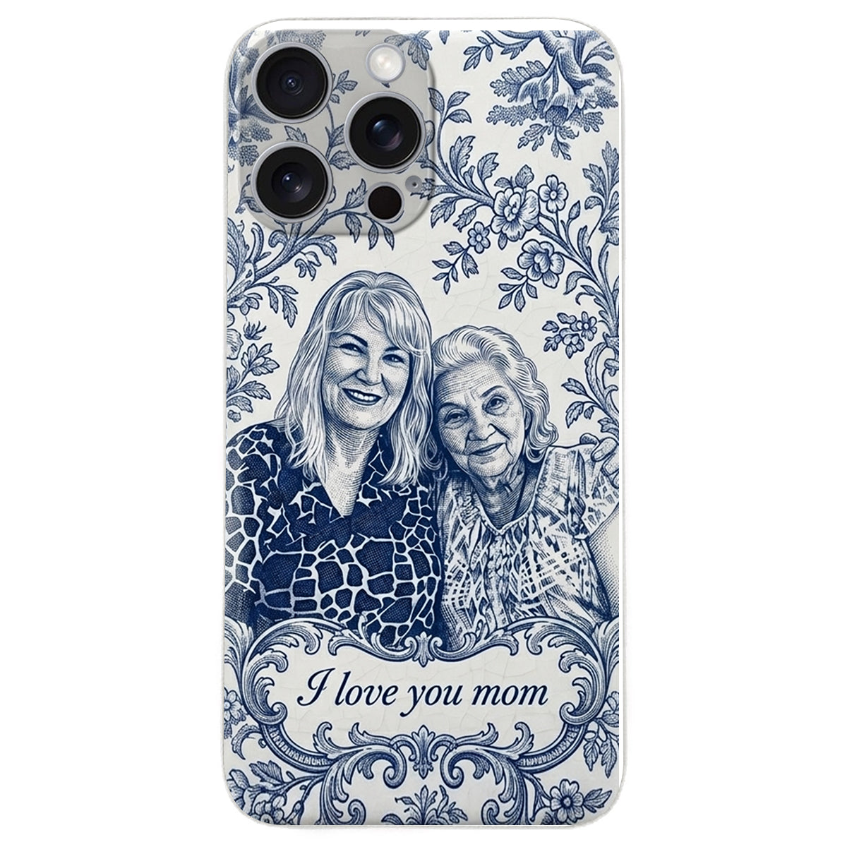 Idée Cadeau Maman, Motif Toile De Jouy Bleue - Coque de Téléphone en Cuir Personnalisée 3D