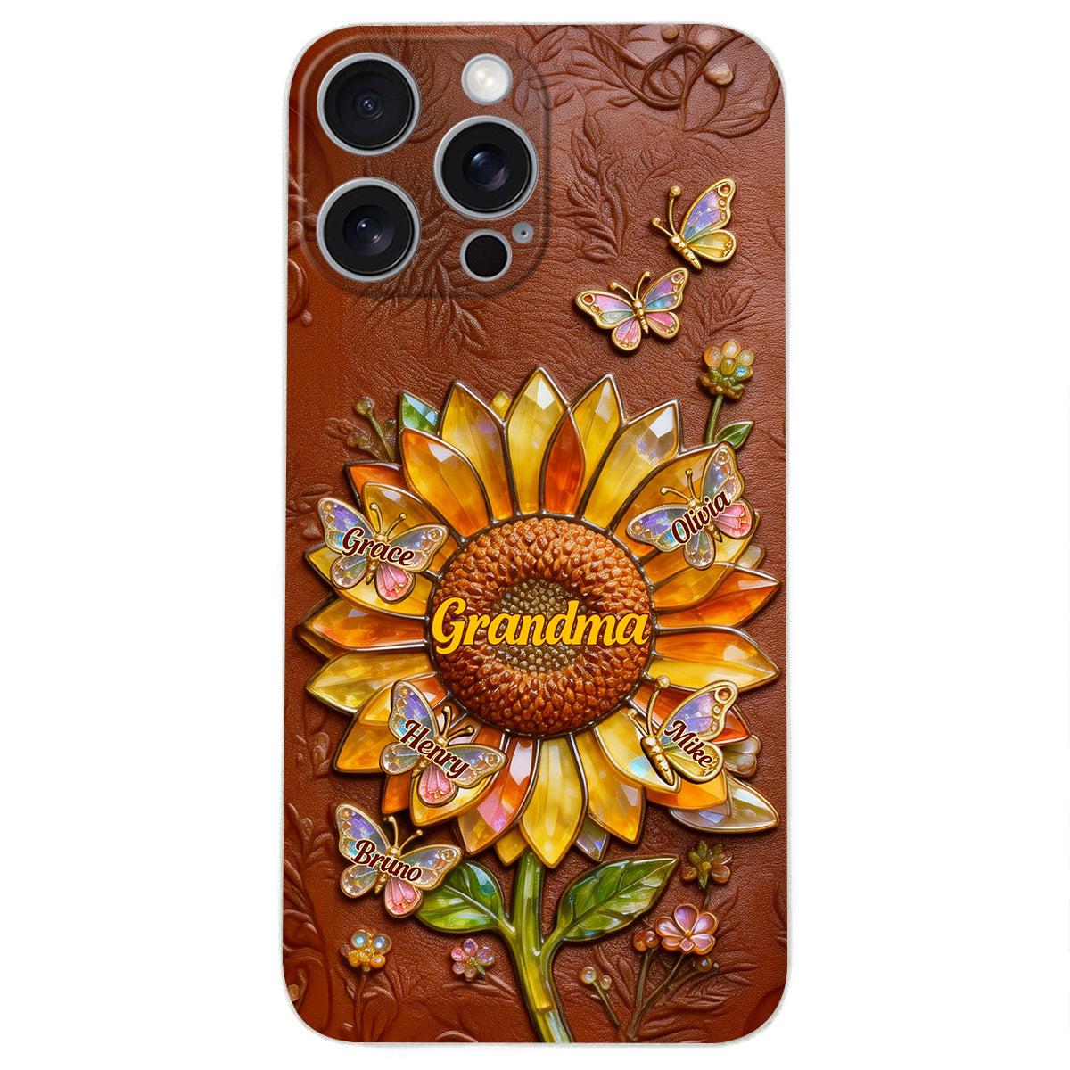 Grandma Sunflower - Personalized Grandma 3D Embossed Leather Phone Case