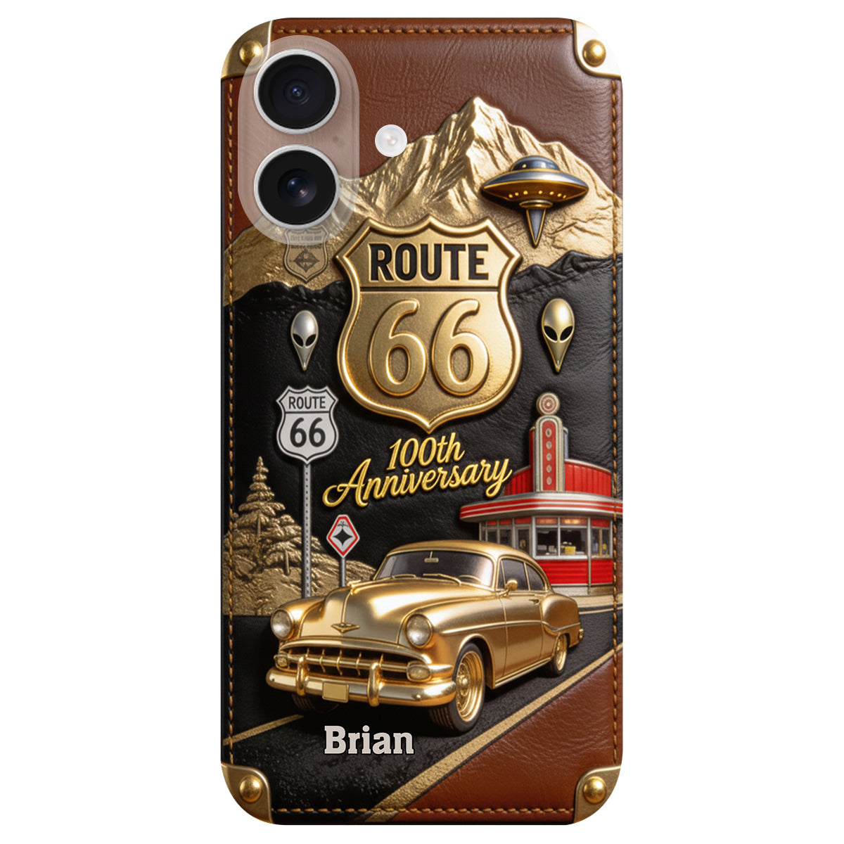 Étui de téléphone en cuir personnalisé pour les passionnés de voitures, à l'occasion du 100e anniversaire de la Route 66