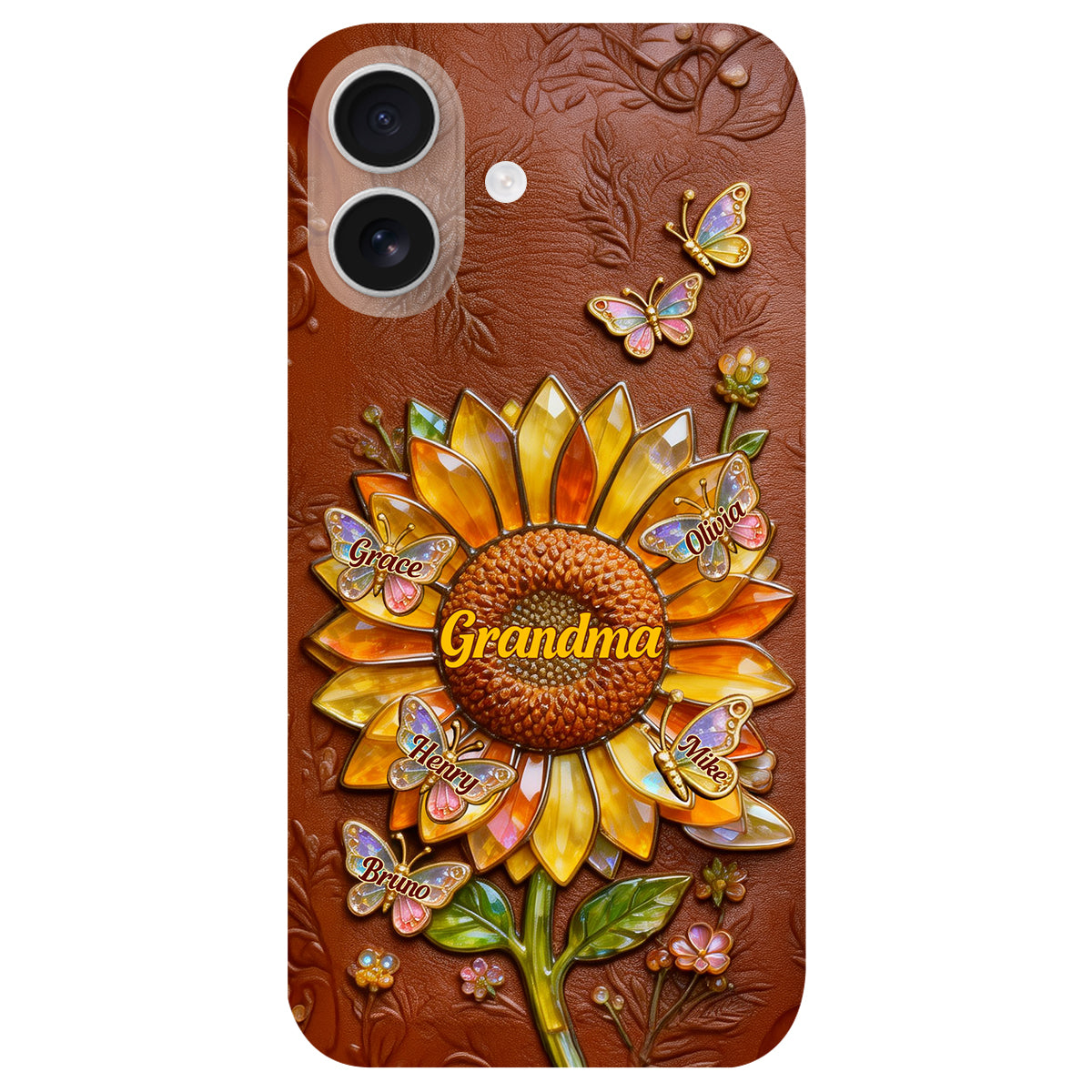 Grandma Sunflower - Personalized Grandma 3D Embossed Leather Phone Case