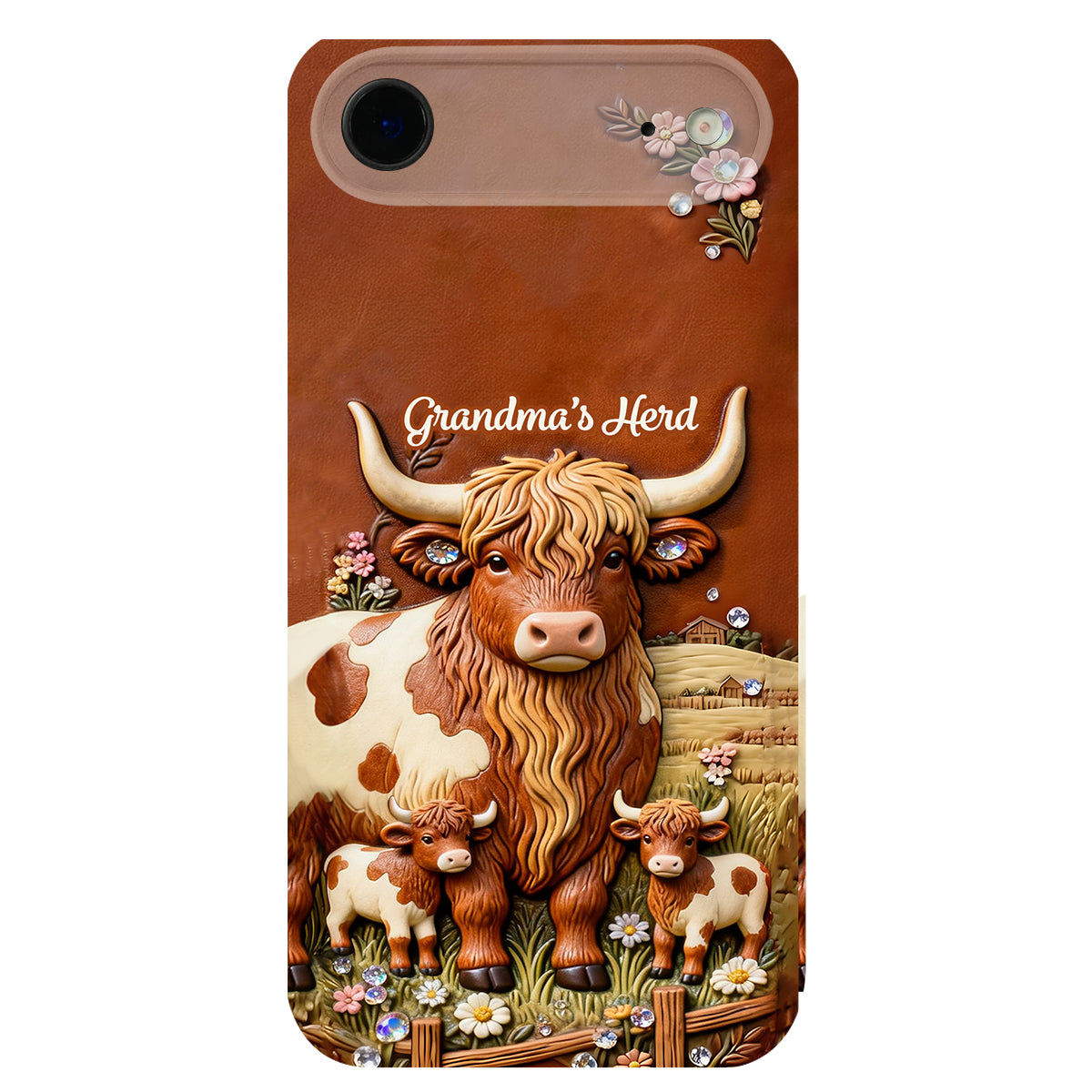 Grandma's Herd - Personalized Highland Cow 3D Embossed Leather Phone Case