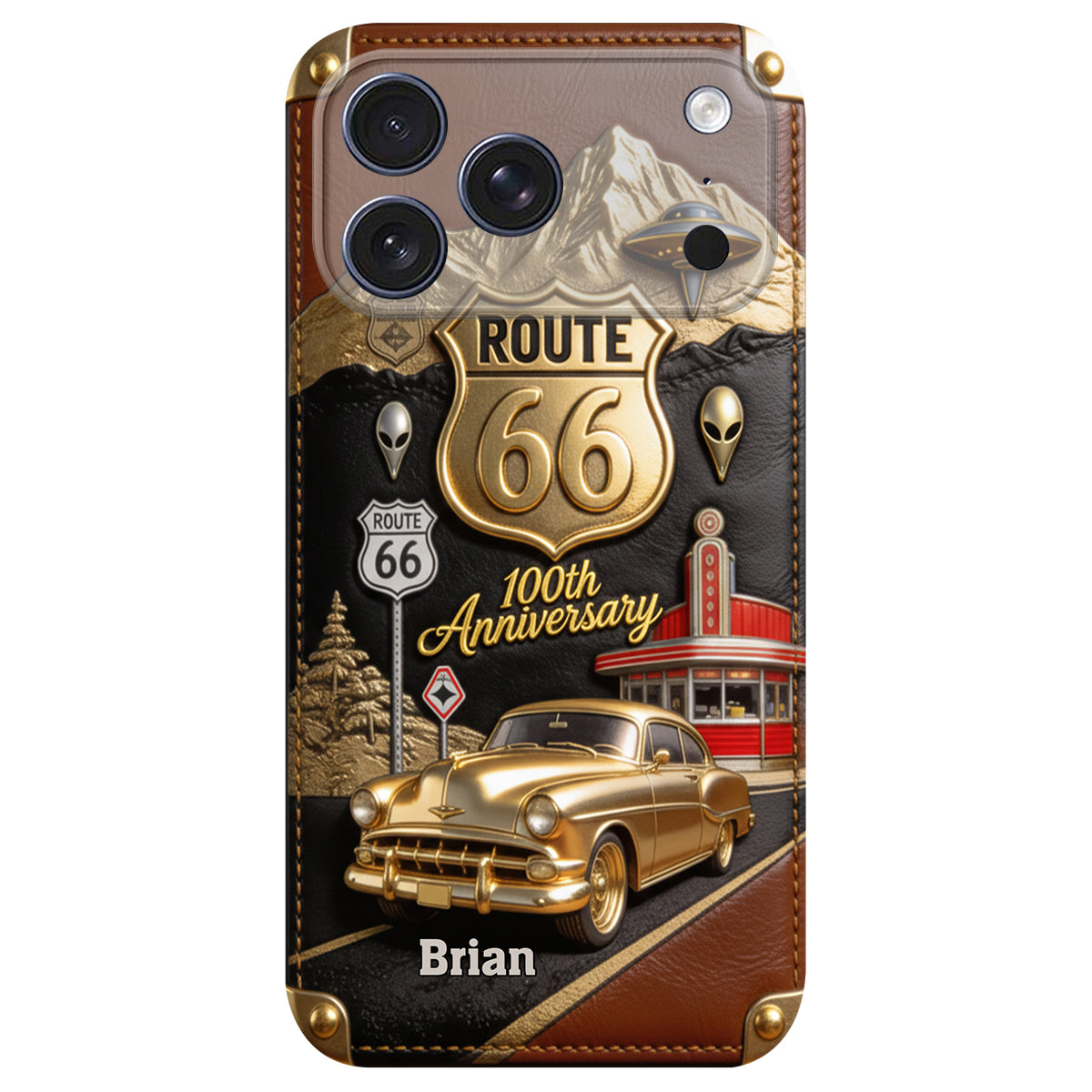 Étui de téléphone en cuir personnalisé pour les passionnés de voitures, à l'occasion du 100e anniversaire de la Route 66