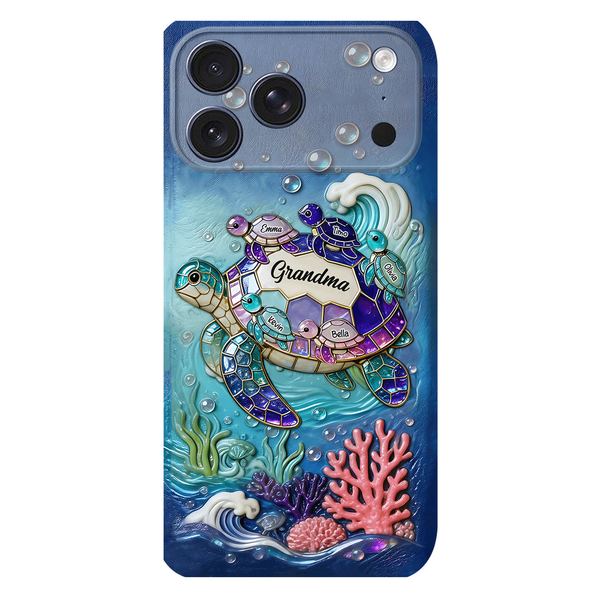 Grandma Turtle - Personalized Turtle 3D Embossed Leather Phone Case