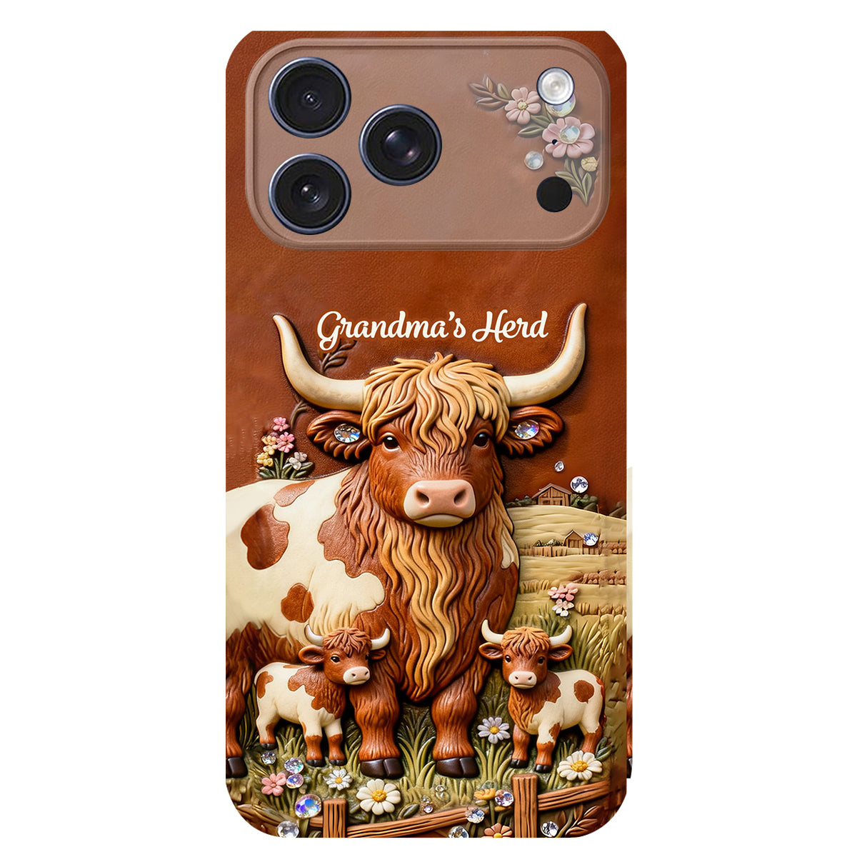 Grandma's Herd - Personalized Highland Cow 3D Embossed Leather Phone Case