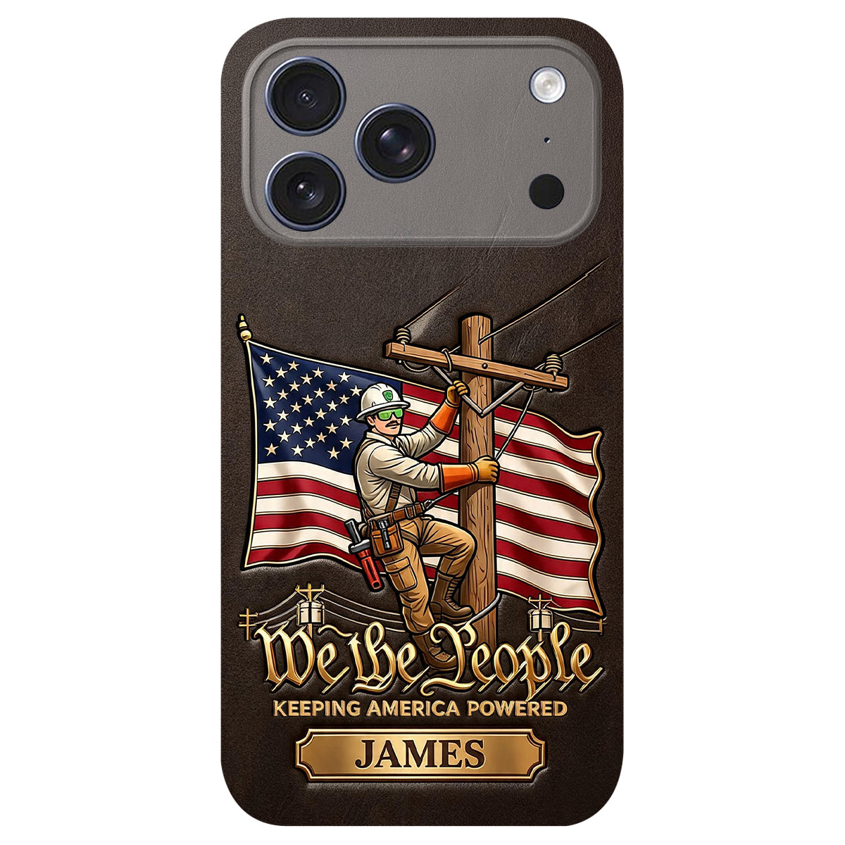 We The People - Personalized Lineman 3D Embossed Leather Phone Case