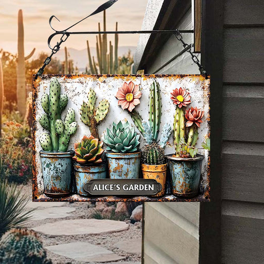 Mon jardin - Panneau métallique rectangulaire personnalisé en forme de cactus