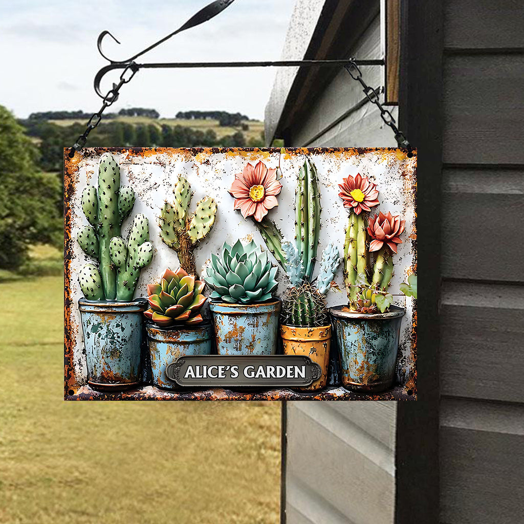 Mon jardin - Panneau métallique rectangulaire personnalisé en forme de cactus