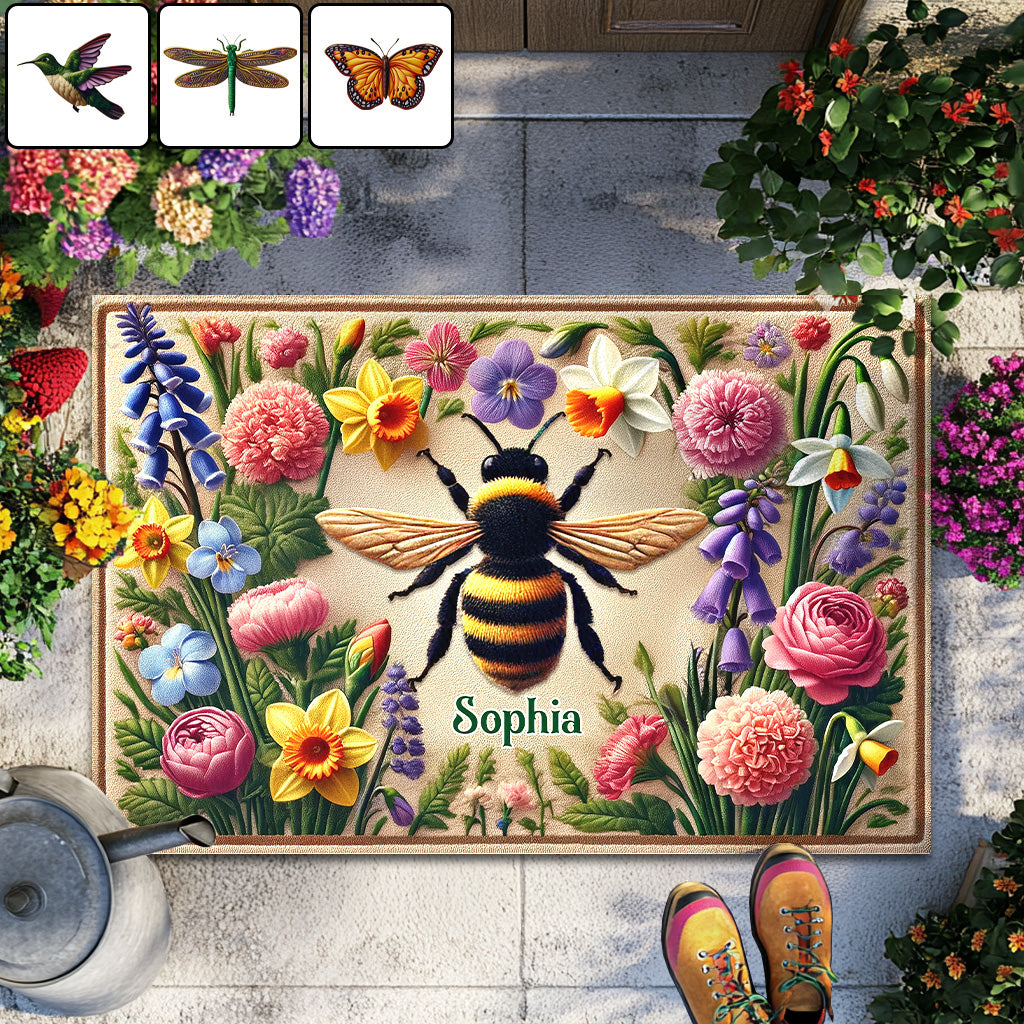 Paillasson de jardin personnalisé « Jardin fleuri avec abeille, papillon, colibri et libellule »
