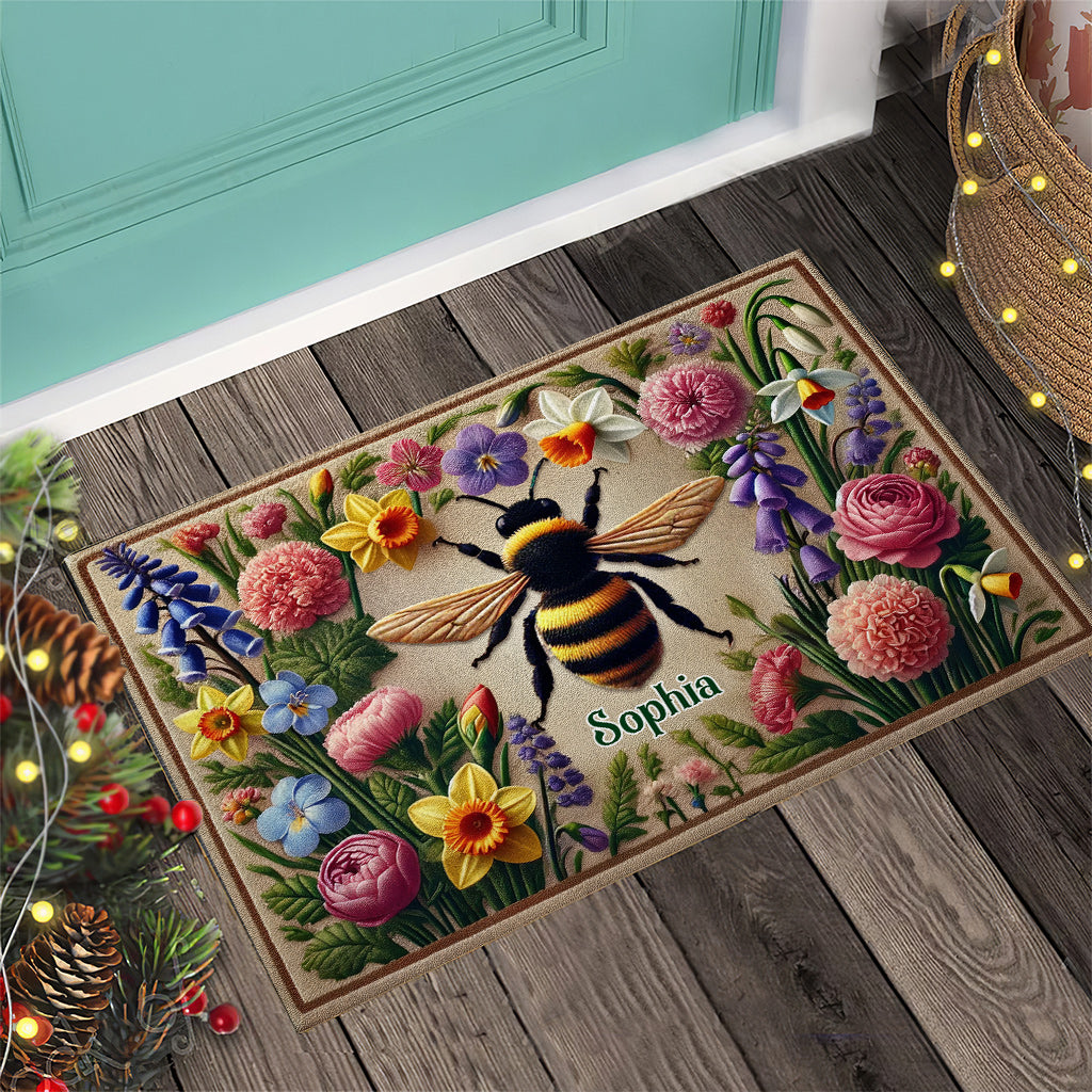 Paillasson de jardin personnalisé « Jardin fleuri avec abeille, papillon, colibri et libellule »