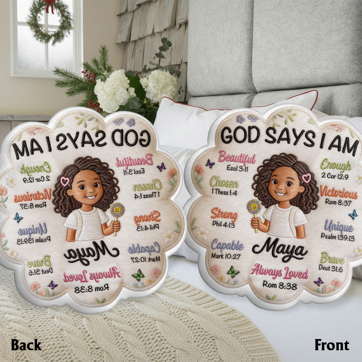 God Says I Am - Affirmation Gift - Personalized Young Girl Faux Fur Shaped Pillow