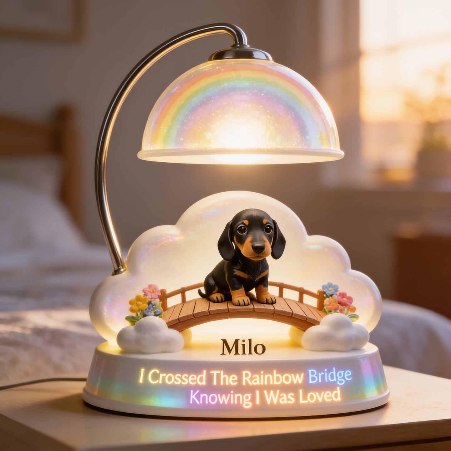 I Crossed The Rainbow Bridge - Personalized Black and Tan Dachshund Acrylic LED Night Light