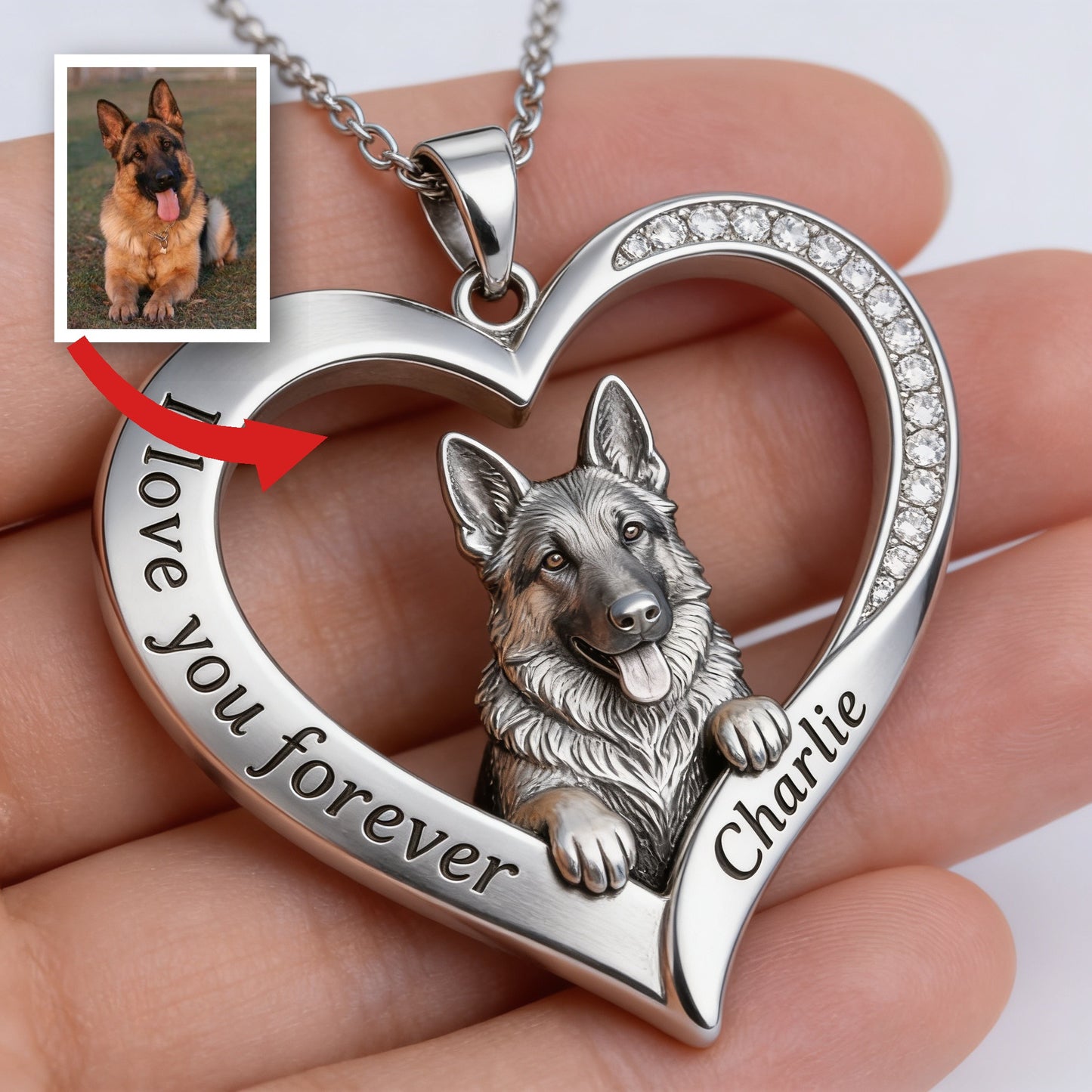 Custom From Any Photo - Personalized German Shepherd Shaped Metal Pendant Necklace