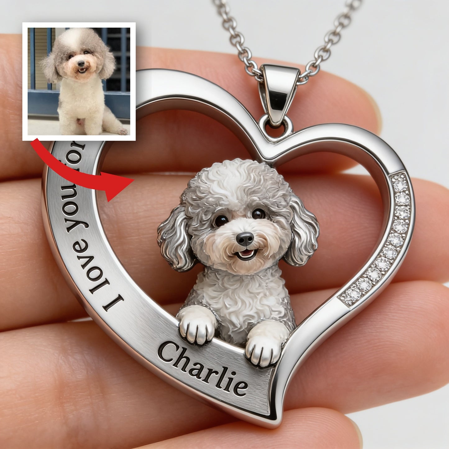 Personnalisé à partir de n'importe quelle photo - Collier en métal en forme de caniche moelleux