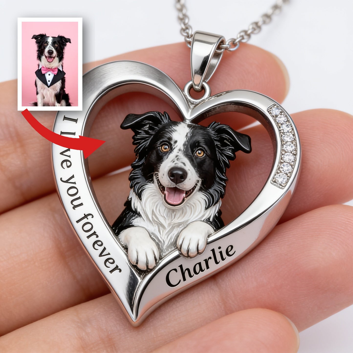 Personnalisé à partir de n'importe quelle photo - Pendentif en métal en forme de Border Collie noir et blanc