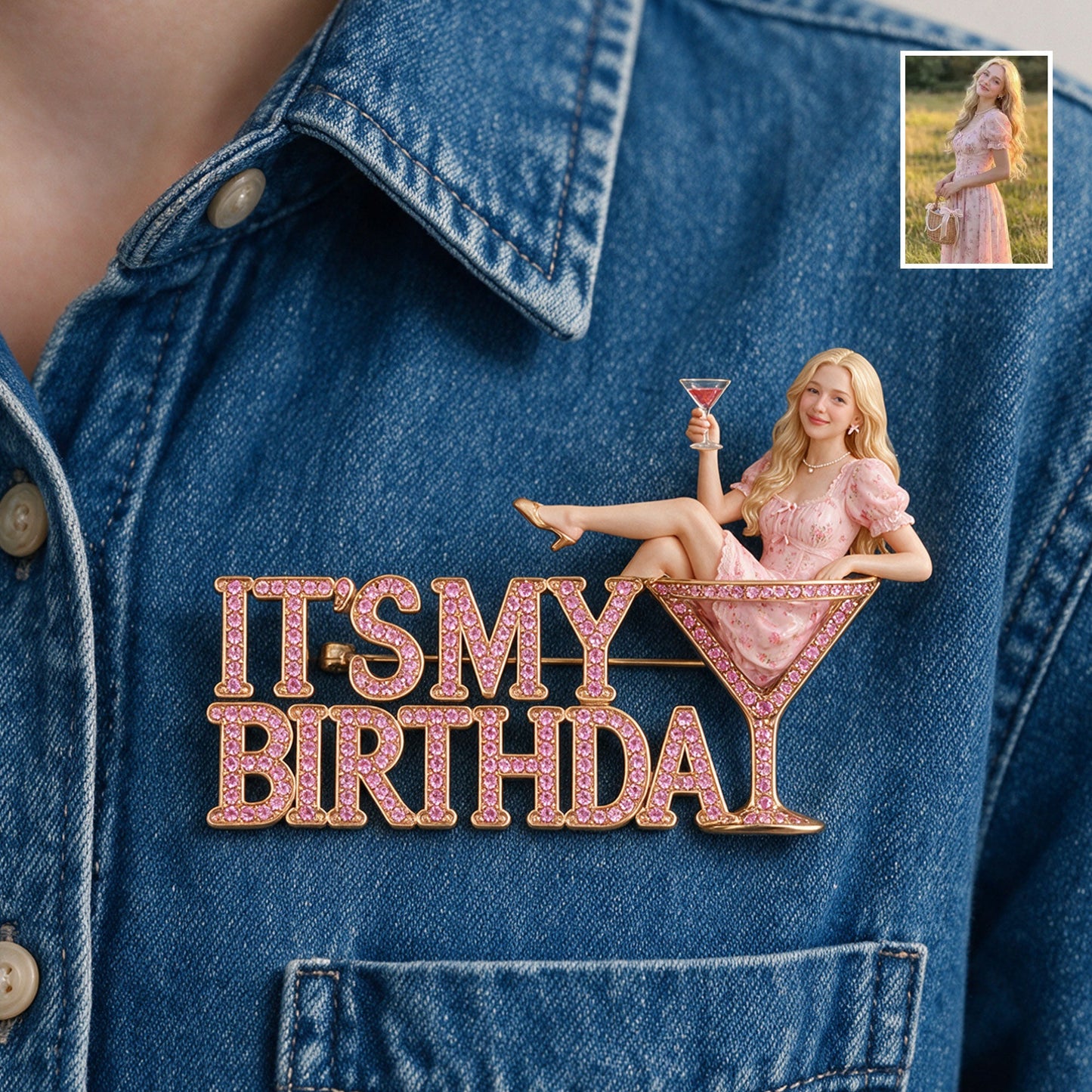 It's My Birthday - Curly Haired Martini Woman Personalized Birthday 3D Embossed Enamel Pin