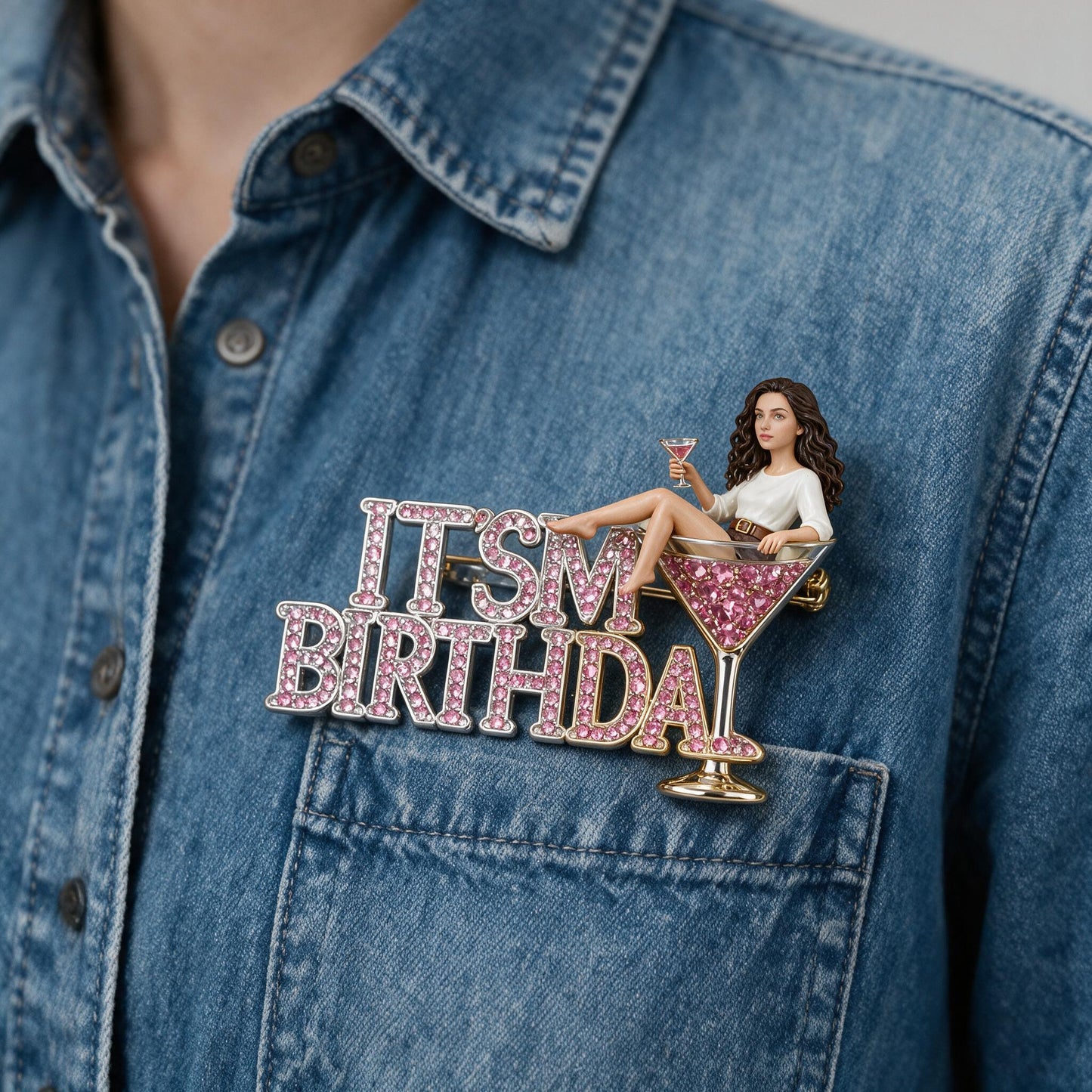 It's My Birthday - Curly Haired Martini Woman Personalized Birthday 3D Embossed Enamel Pin