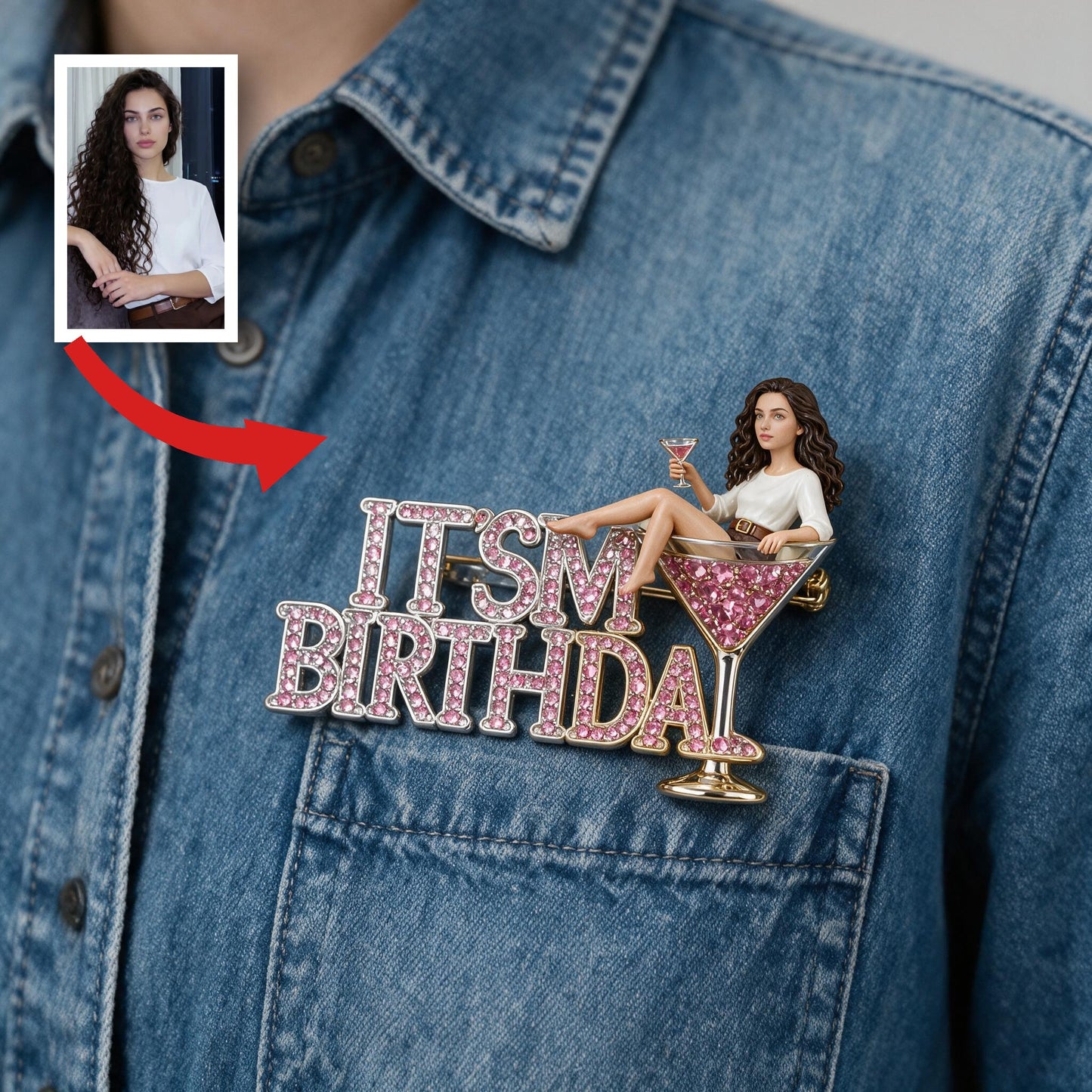 It's My Birthday - Curly Haired Martini Woman Personalized Birthday 3D Embossed Enamel Pin