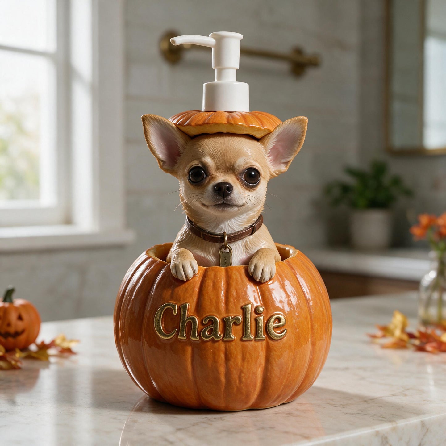 Personalized Peekaboo Tan Chihuahua Pumpkin Soap Dispenser | Cute Fall Halloween Dog Lover Home Decor Gift