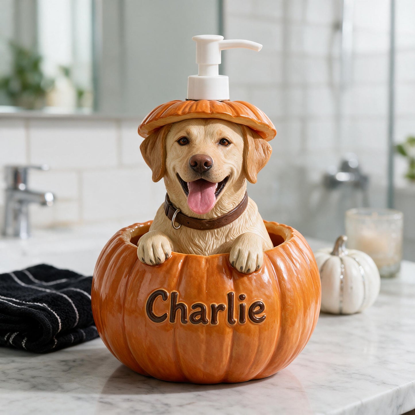 Personalized Yellow Labrador Retriever Pumpkin Peekaboo Soap Dispenser, Cute Fall Decor Gift for Dog Lovers