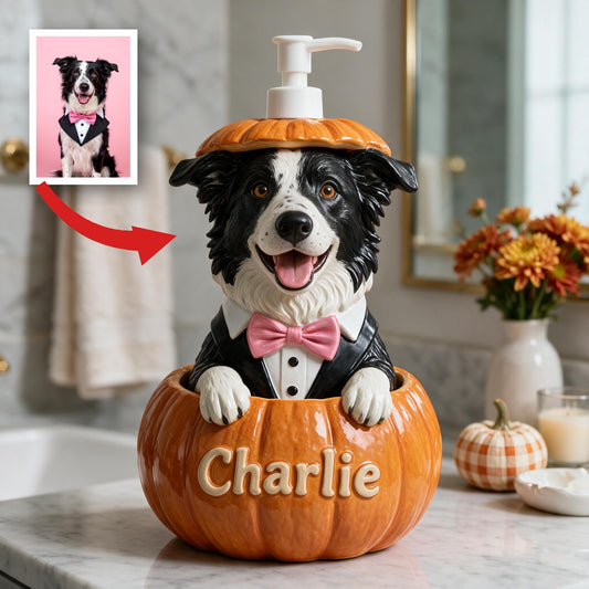 Distributeur de Savon Personnalisé Border Collie Noir et Blanc dans une Citrouille, Cadeau Décor Automnal pour Amateurs de Chiens