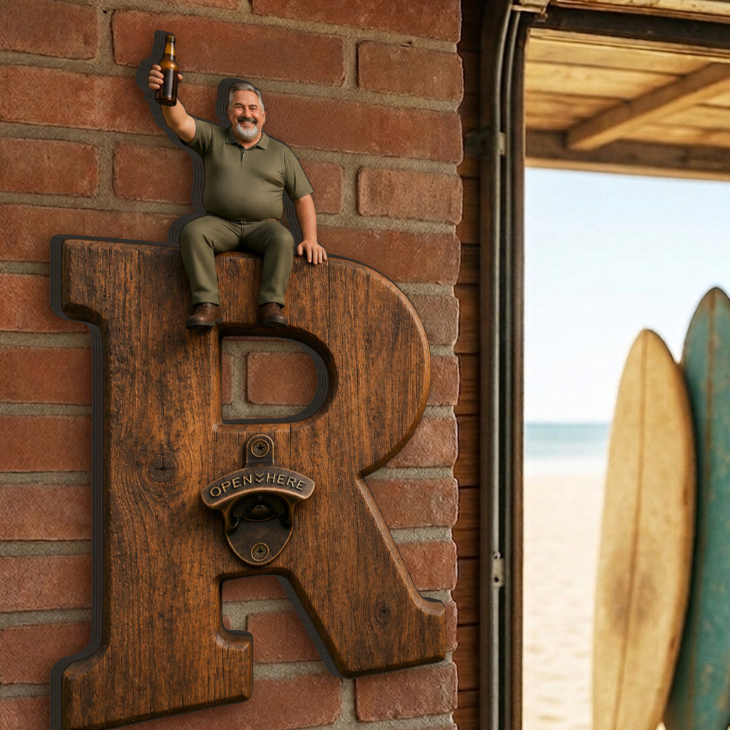 Personalized Letter Wall Bottle Opener | Funny Bearded Beer Lover Man Design, Rustic Home Bar Gift for Dad Beer Enthusiasts