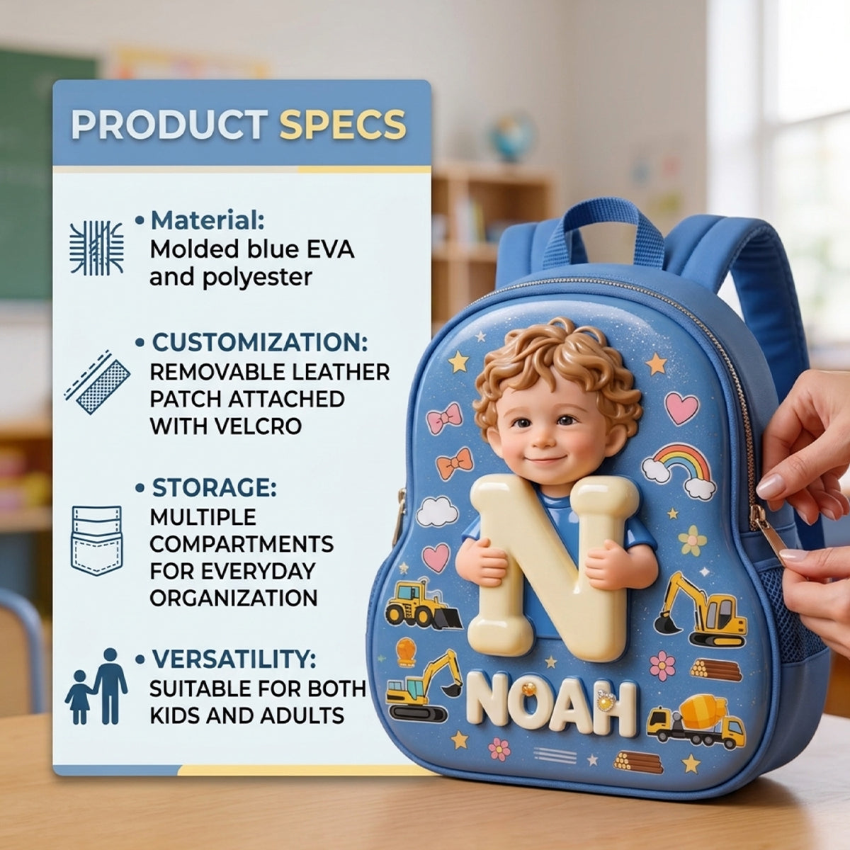 Personalized 3D Curly Blonde Baby Boy Custom Name Backpack, Cute Preschool Toddler School Gift for Little Boys