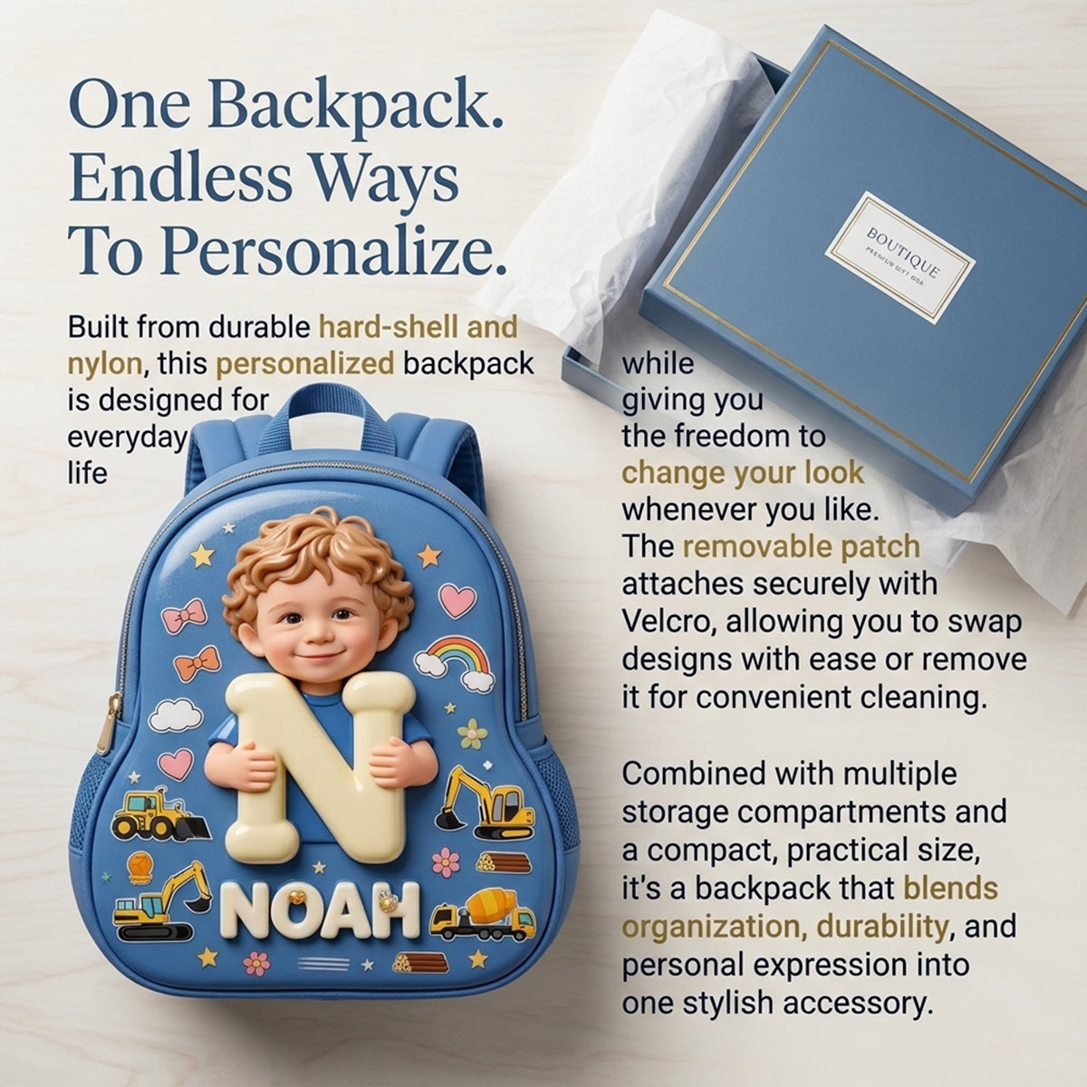 Personalized 3D Curly Hair Black Baby Boy Custom Name Backpack, Cute Toddler Preschool Gift for Little Boys
