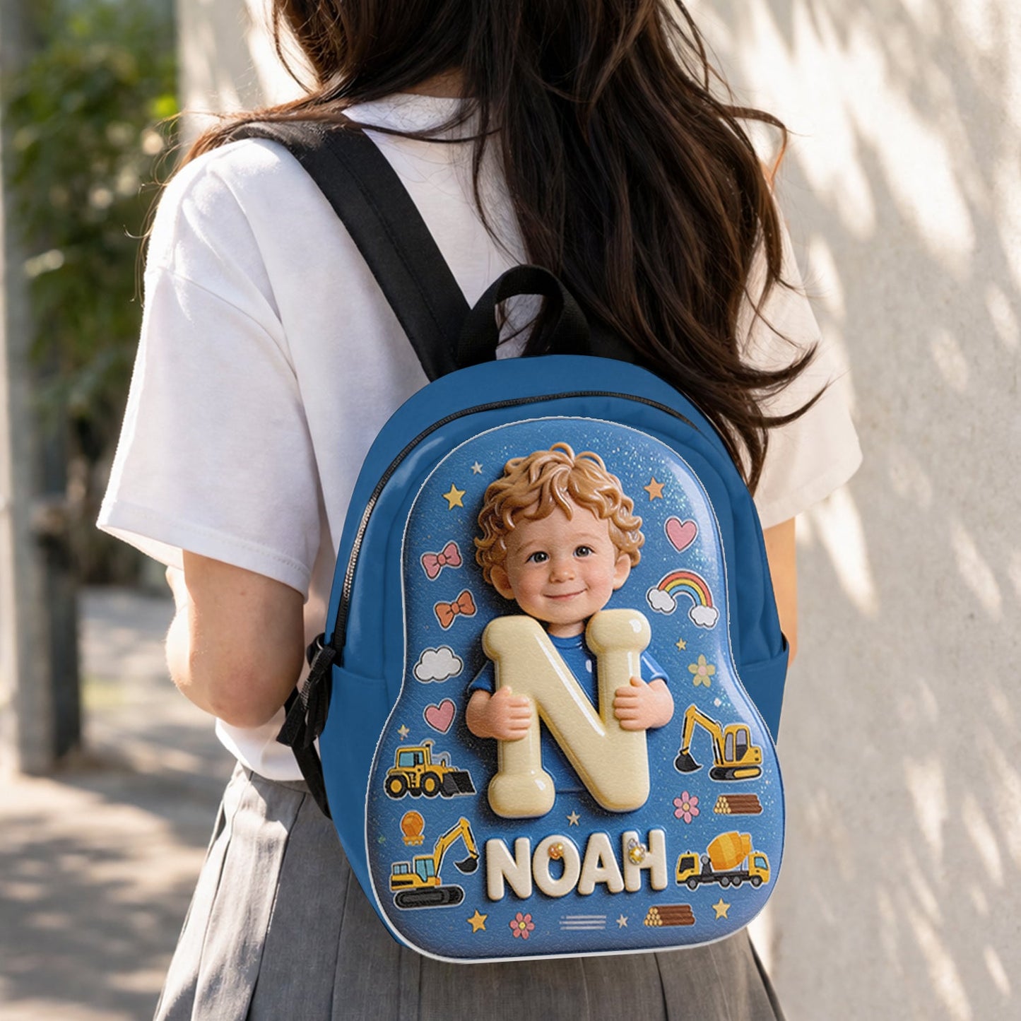 Personalized 3D Smiling Curly Haired Toddler Baby Boy Backpack Custom Name Patch Kids School Bag Gift