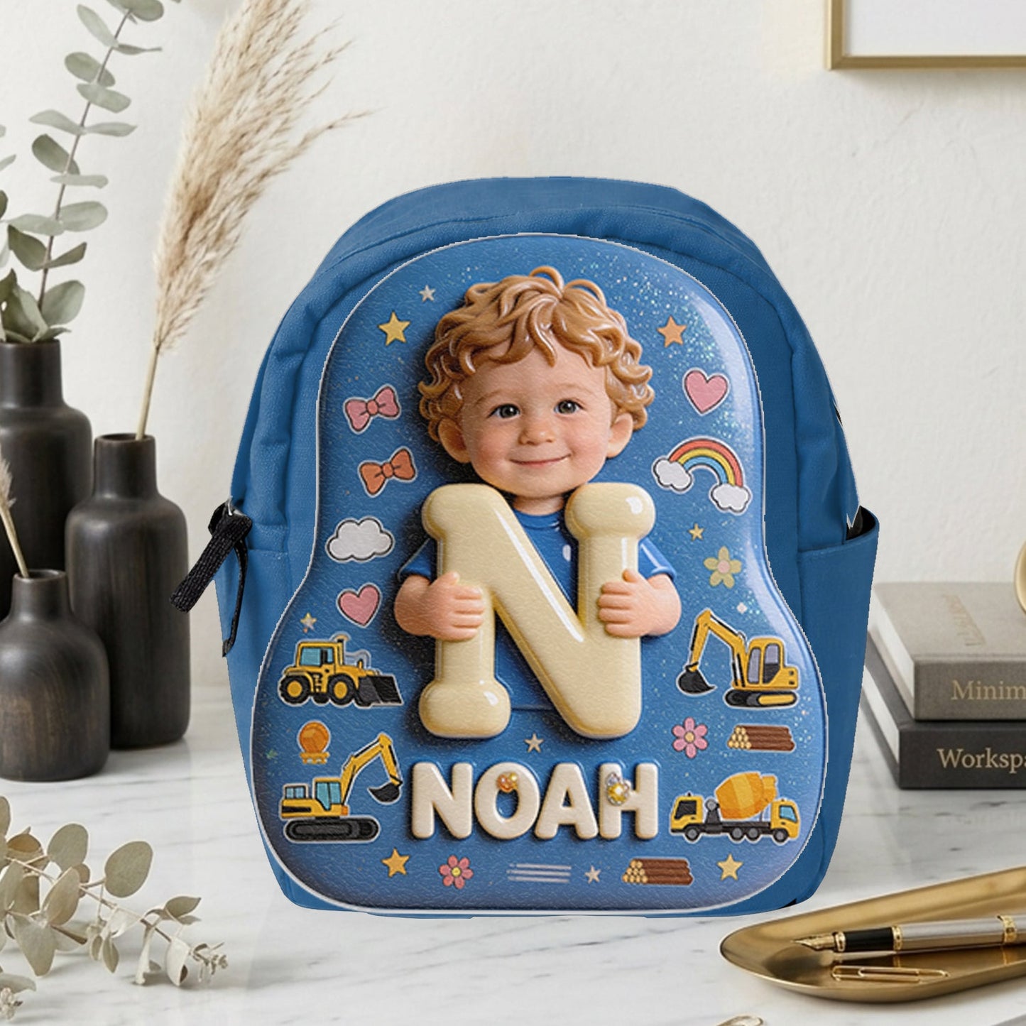Personalized 3D Curly Blonde Baby Boy Custom Name Backpack, Cute Preschool Toddler School Gift for Little Boys