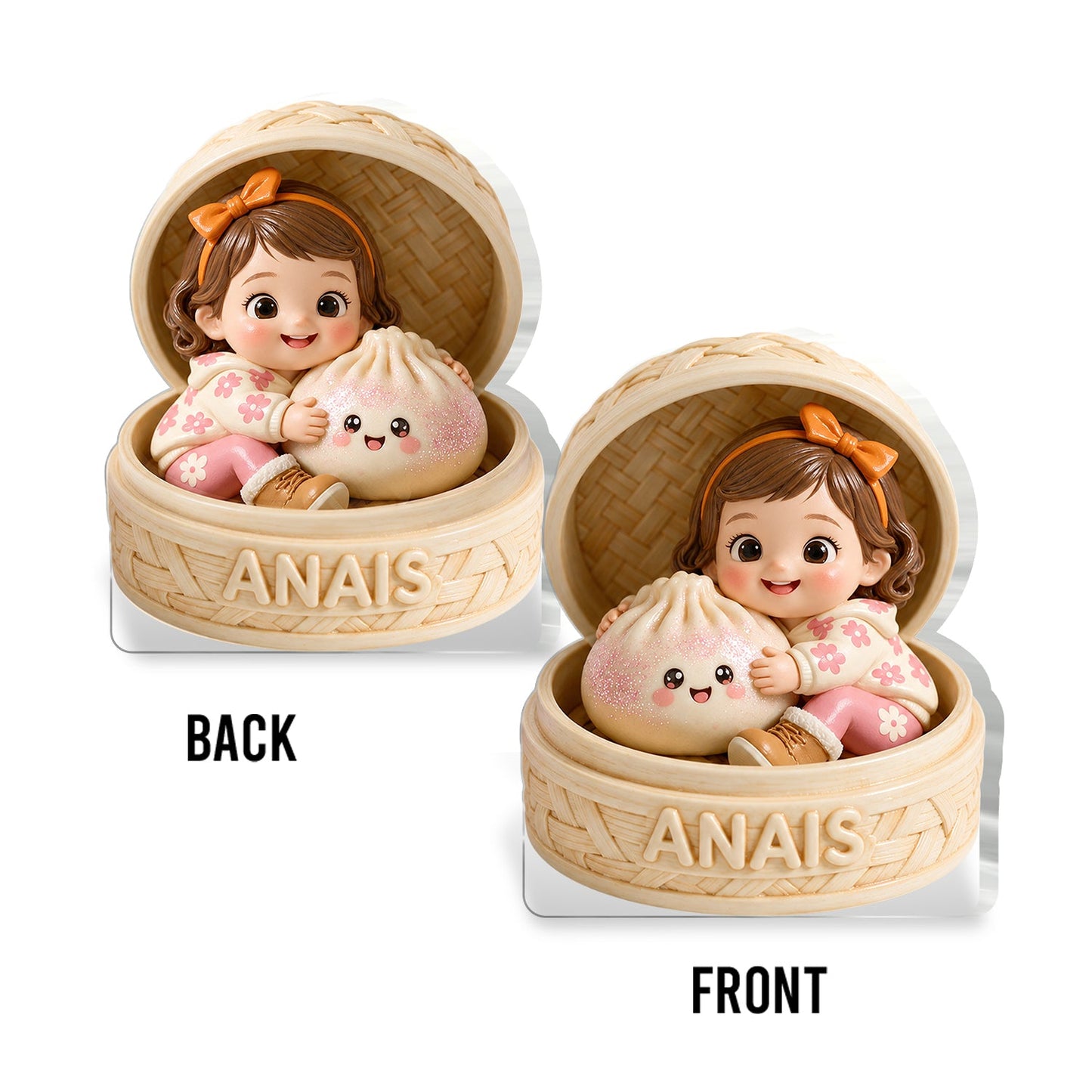 Adorable Curly Hair Latin Baby Holding Cute Pink Dumpling In Steamer Personalized 2-Side Printed Acrylic Plaque Kids Gift Keepsake