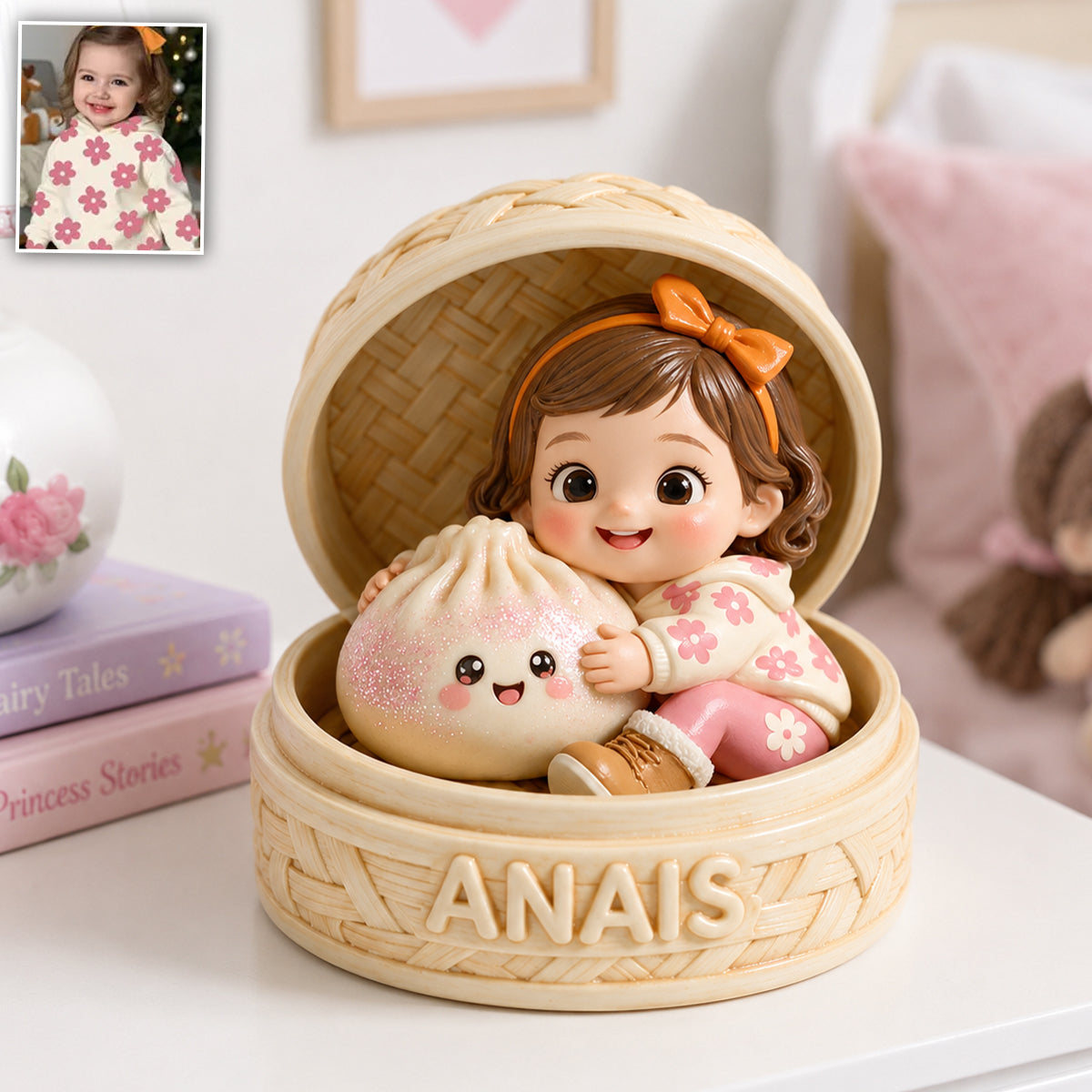 Cute Curly Haired Black Baby with Kawaii Dumpling Personalized Double-Sided Acrylic Plaque, Custom Kid Keepsake Gift