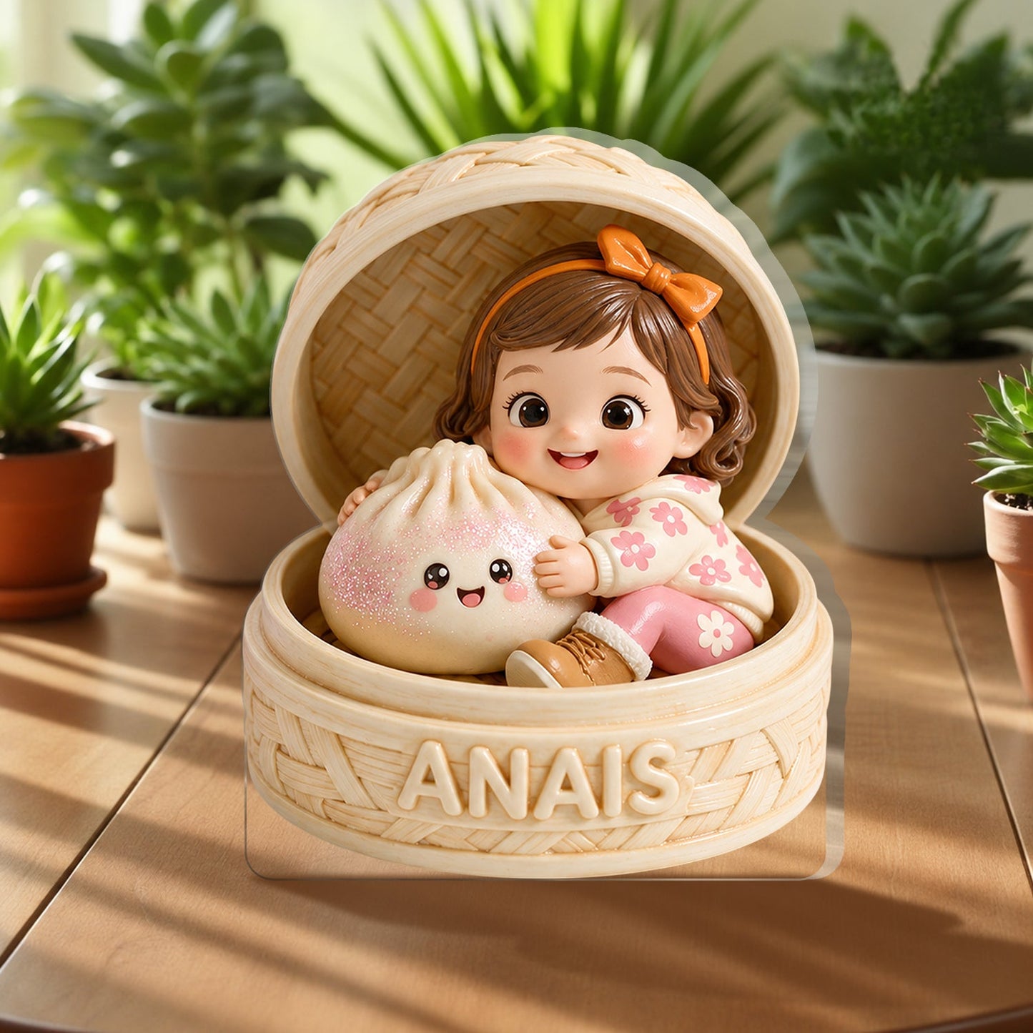 Cute Curly Haired Baby with Kawaii Dumpling Personalized 2-Sided Acrylic Plaque Custom Kids Keepsake Gift