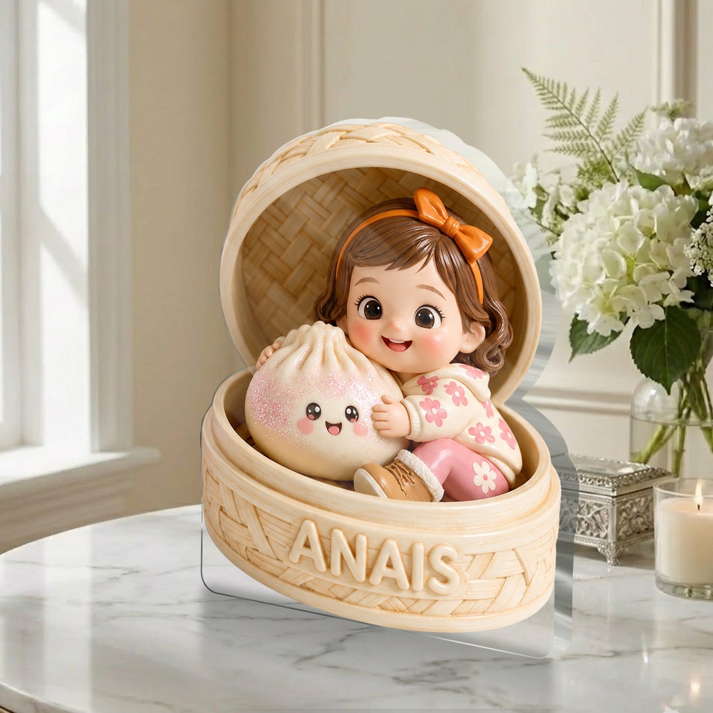 Cute Chibi Black Baby Girl Holding Kawaii Dumpling Personalized 2-Side Printed Acrylic Plaque Kids Gift Keepsake