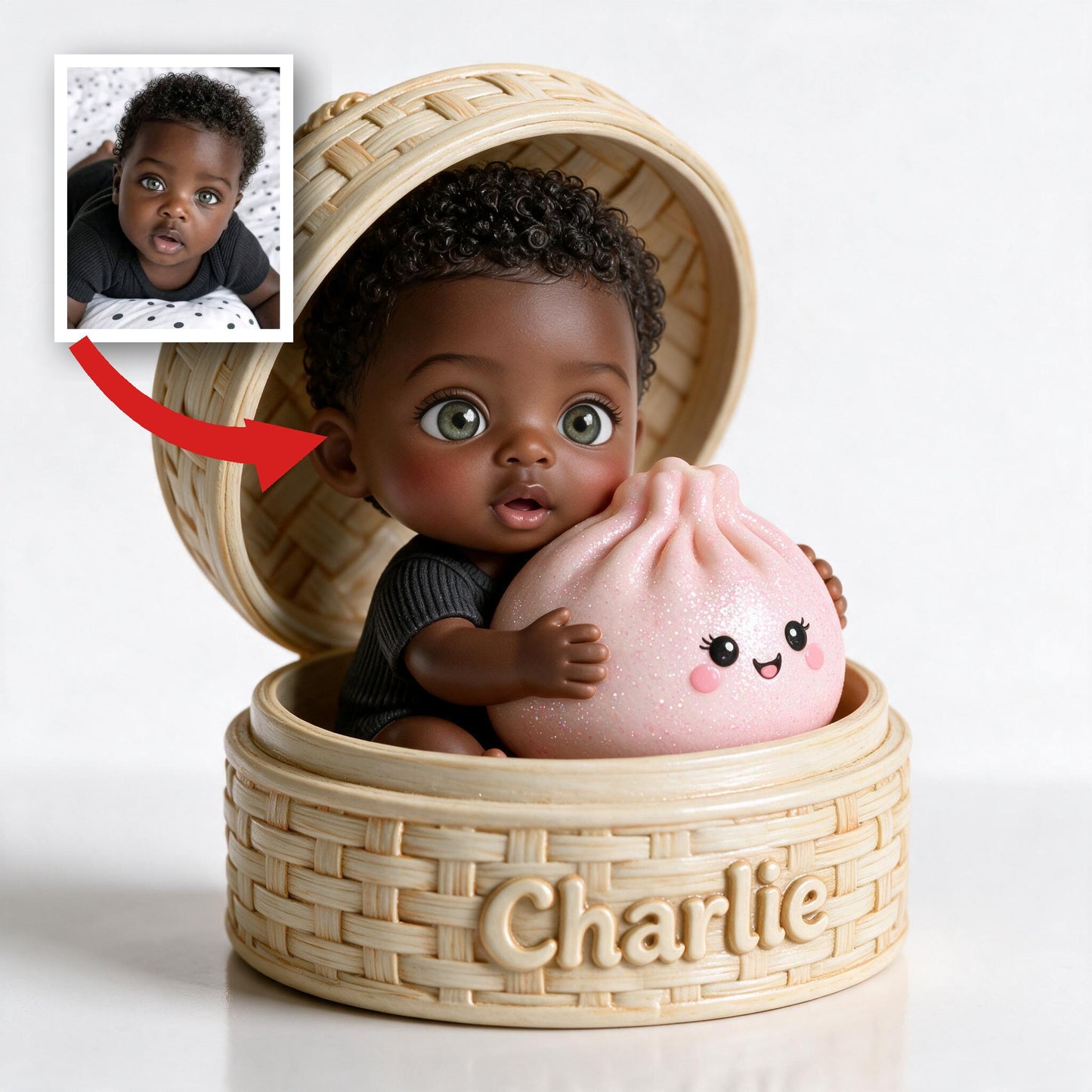 Adorable Curly Haired Black Baby with Kawaii Pink Dumpling Personalized 2-Side Printed Acrylic Plaque, Custom Kid Keepsake Gift