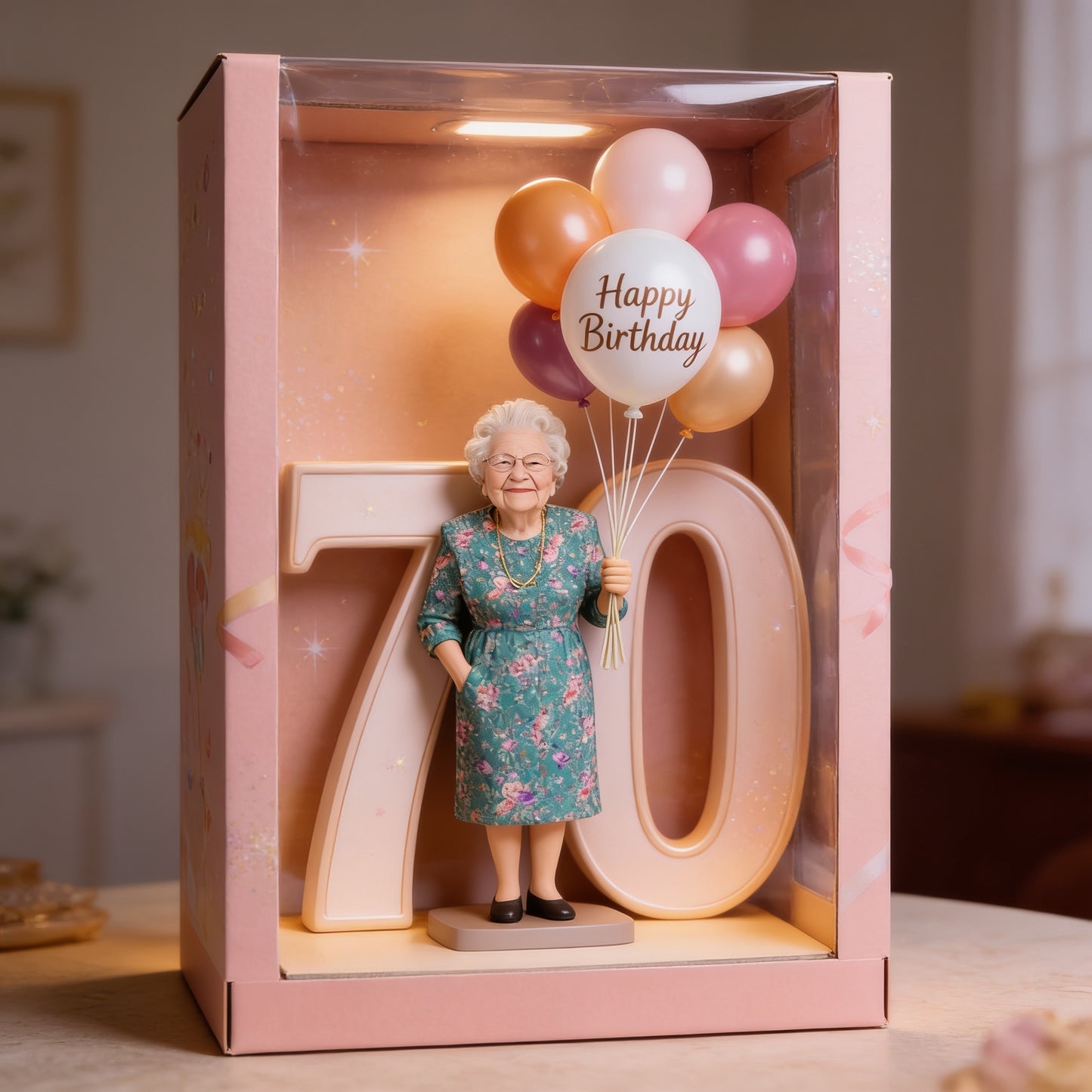 Personalized 70th Birthday Custom Shaped Acrylic Plaque, Elderly Grandma with Balloons Milestone Gift for Senior Loved Ones
