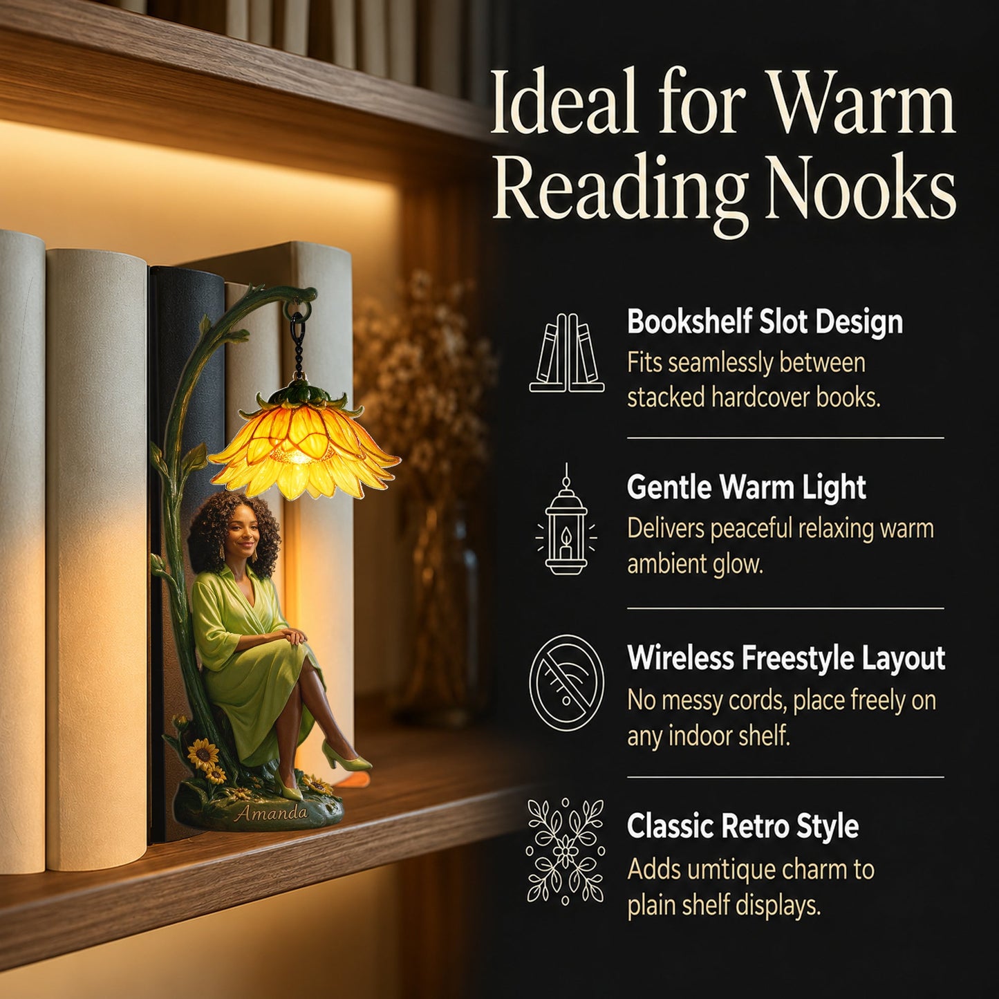 Custom Personalized Teacher Peony Flower Bookshelf Lamp Warm LED Decor Gift for Reading Nook Home Shelves