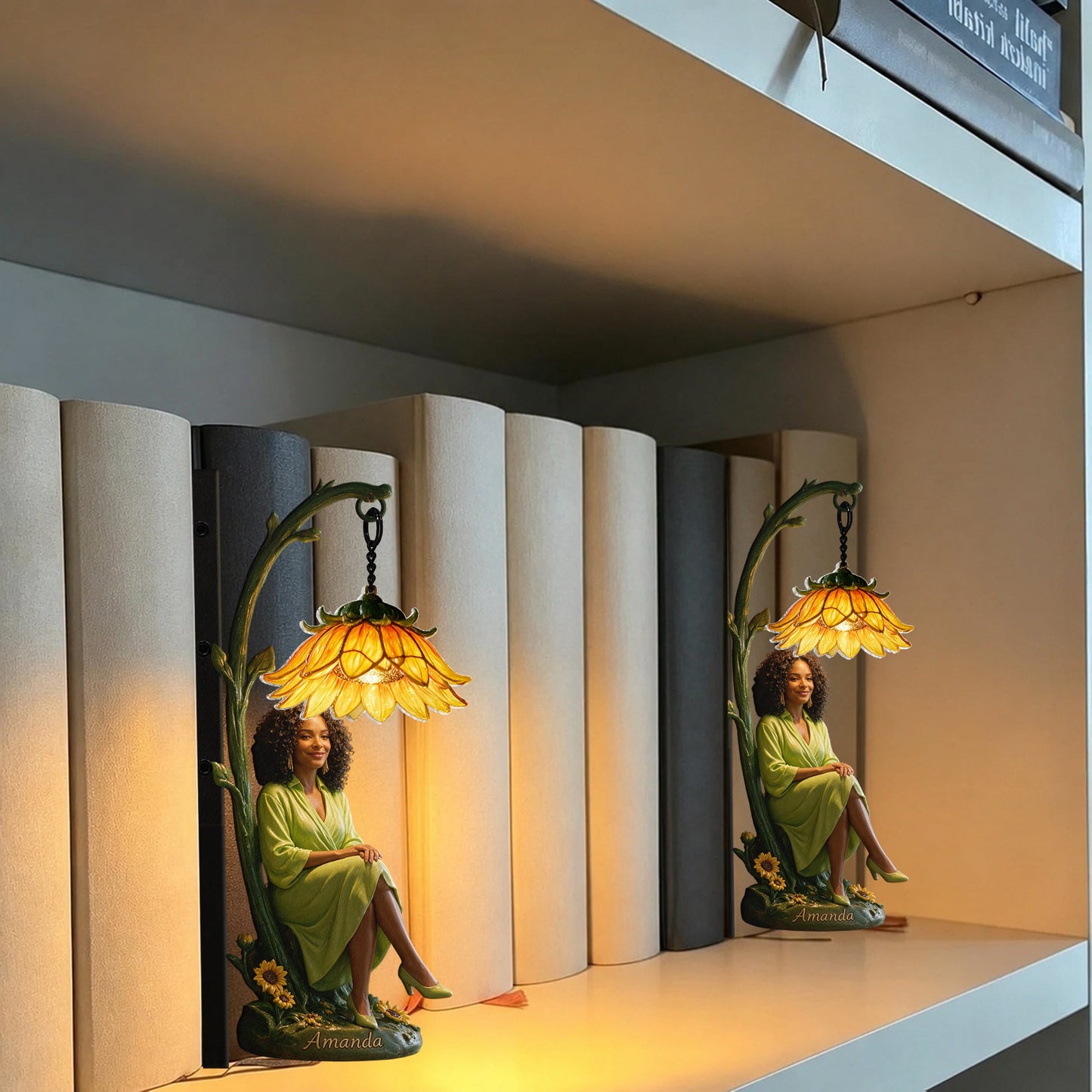 Personalized Seated Latin Woman Peony Flower Bookshelf Lamp Custom Cozy Reading Nook Home Decor Gift