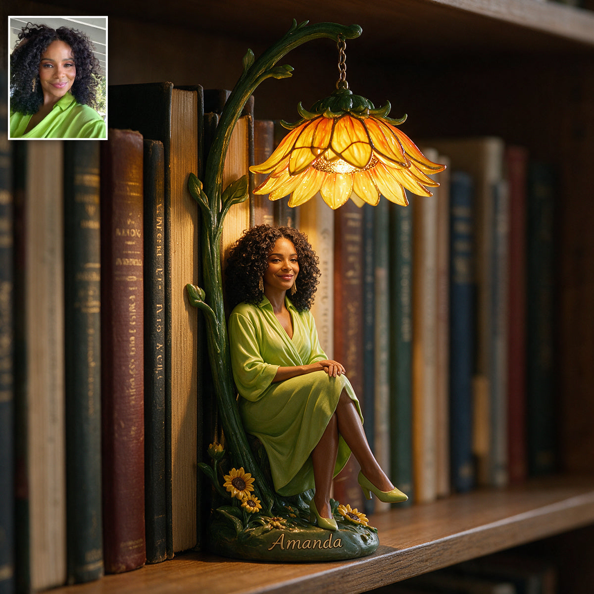 Custom Personalized Adult Woman Peony Flower Bookshelf Lamp, Cozy Reading Nook Decor Unique Self Love Gift for Book Lovers