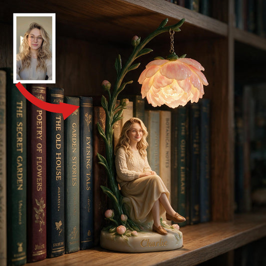 Lampe de bibliothèque personnalisée Femme adulte assise Pivoine rose - Décor de maison pour un coin lecture chaleureux