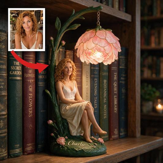 Lampe de bibliothèque personnalisée Femme Latine assise avec Pivoine - Cadeau déco