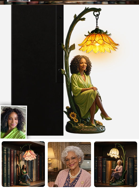 Custom Personalized Flower Crown Old Woman Bookshelf Lamp Cozy Reading Nook Decor Gift for Book Lovers